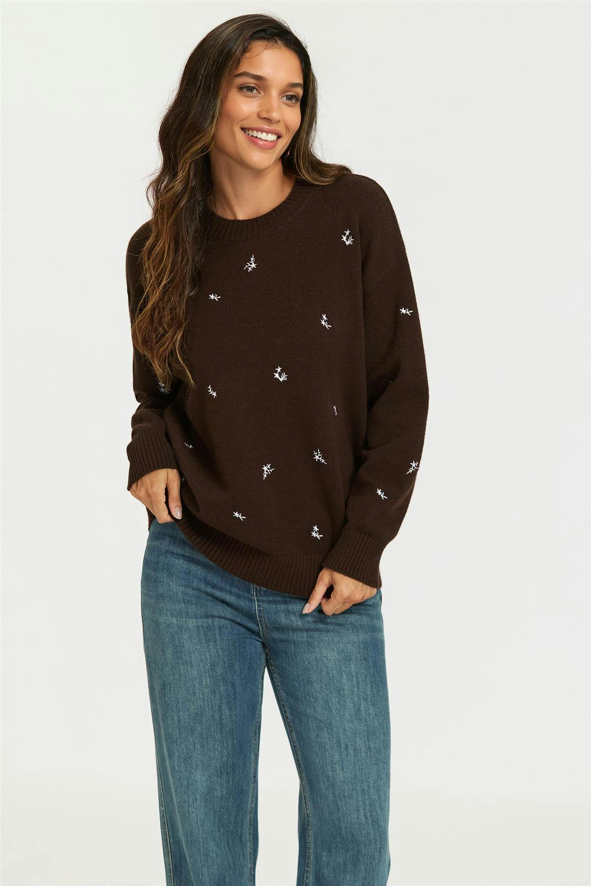 Fs Collection Brown Embroidered Floral Knit Jumper Top In - Onesize
