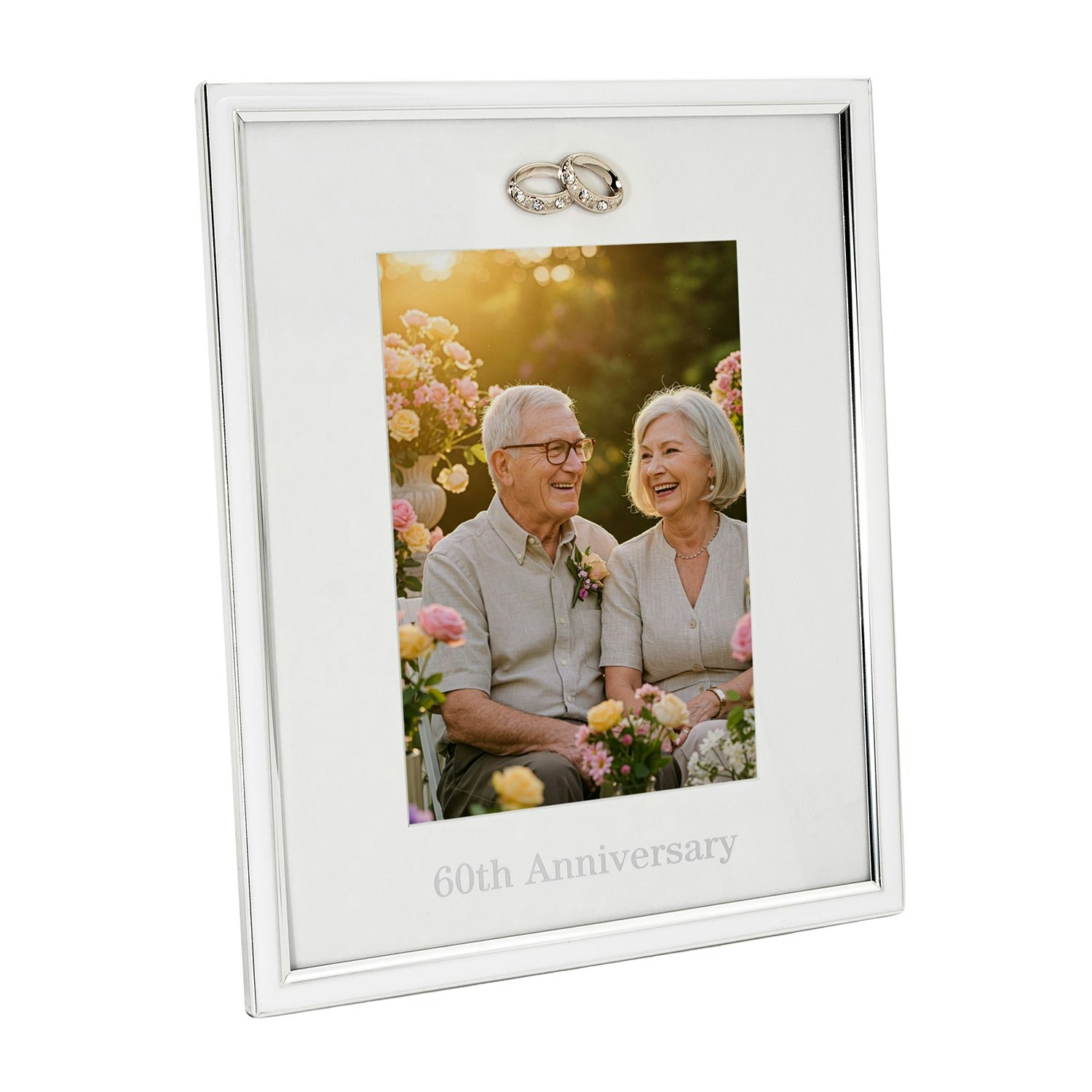 Rackhams Silver 60Th Anniversary Plated 5X7 Picture Frame With Double Diamante Rings Small