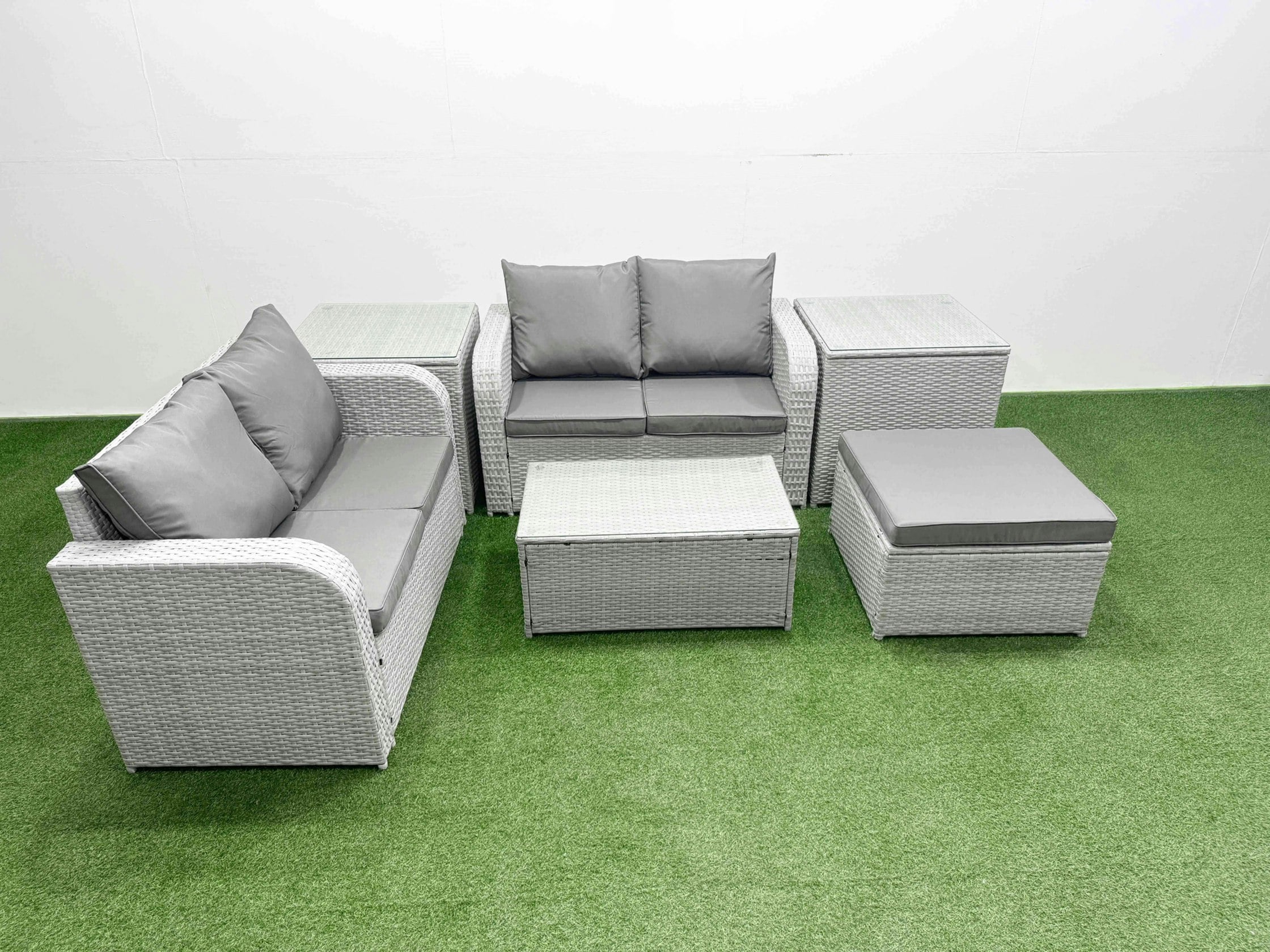 Rackhams Light/Grey 5 Seater Outdoor Love Sofa Set Rattan Garden Furniture Set With Rectangular Coffee Table Big Footstool 2 Side Tables