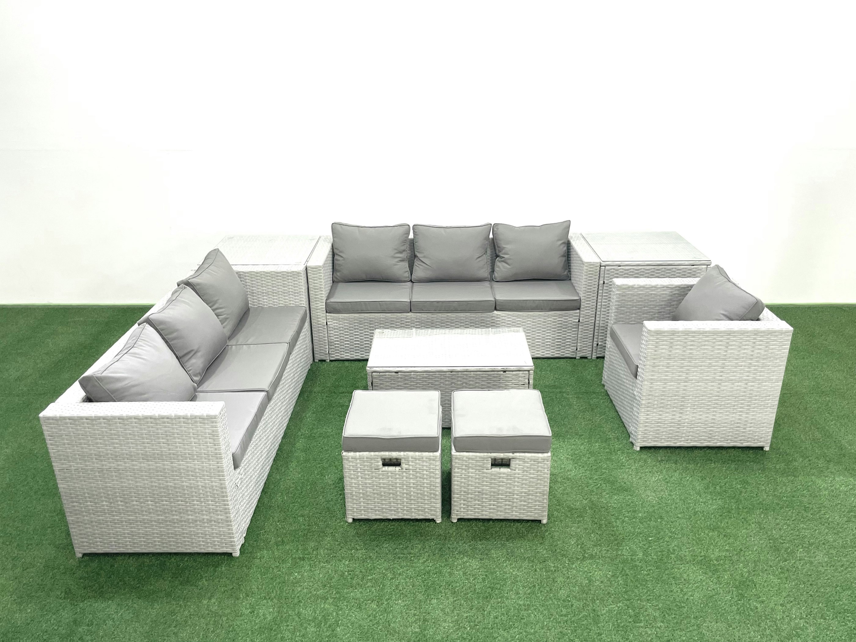 Rackhams Light/Grey Wicker Pe Rattan Sofa Garden Furniture Set With Armchair Oblong Coffee Table 2 Small Footstools 2 Side Tables Mixed