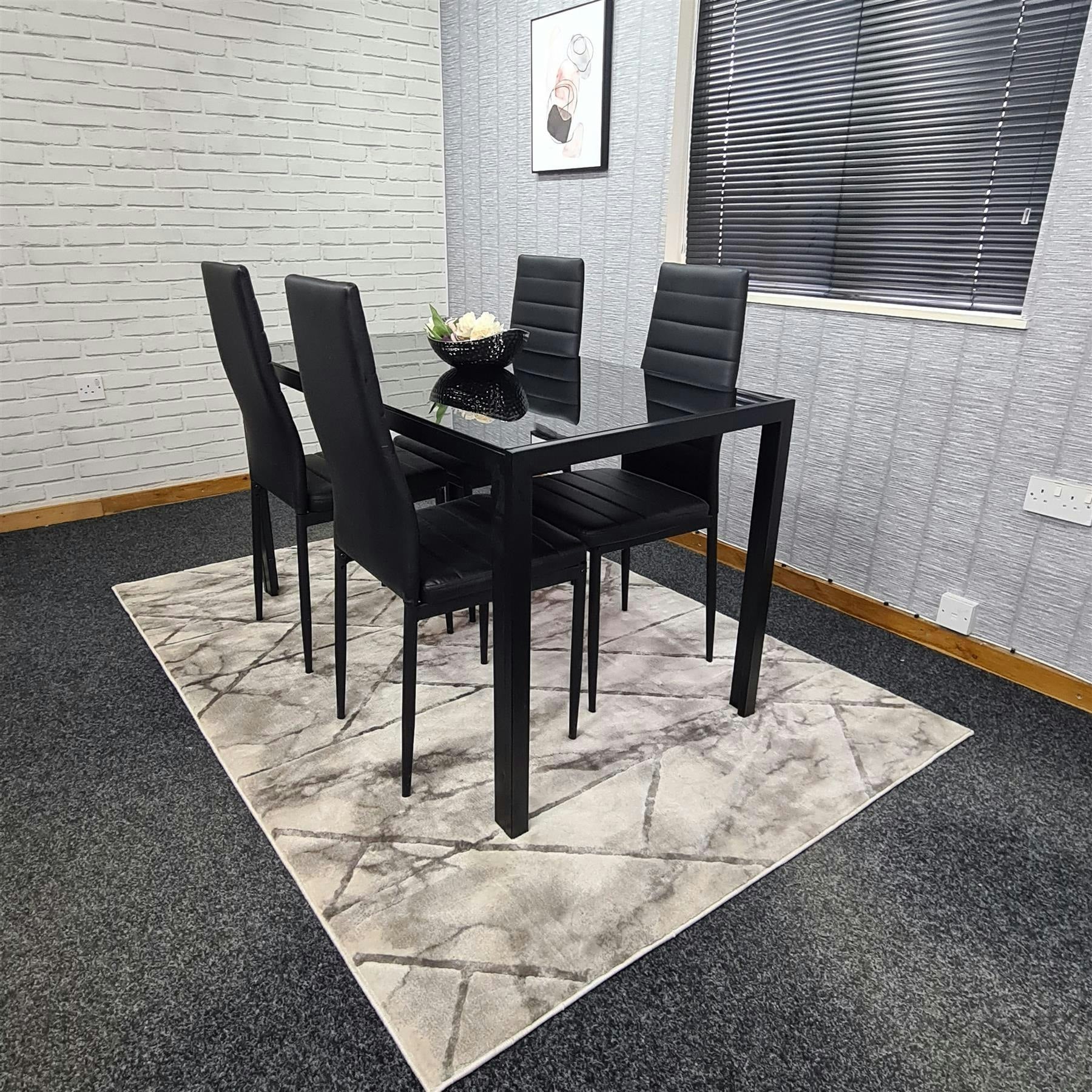 Portland 4 Seater Dining Set - Black and Grey Faux Leather Chairs - Tempered Glass Table - Image 5