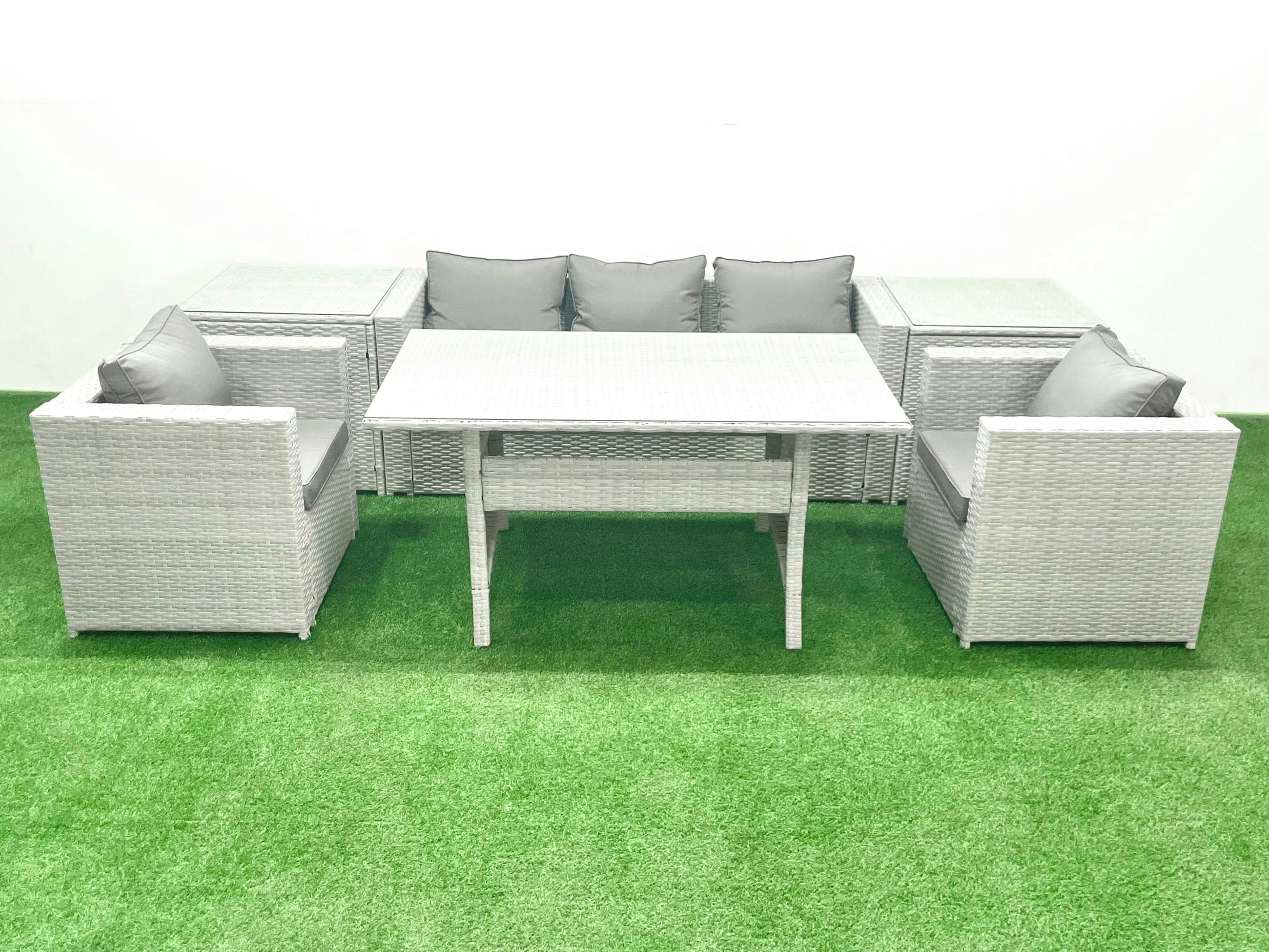 Rackhams Light/Grey Garden Dining Set Outdoor Rattan Furniture Set With Sofa Dining Table 2 Chairs 2 Side Tables Mixed