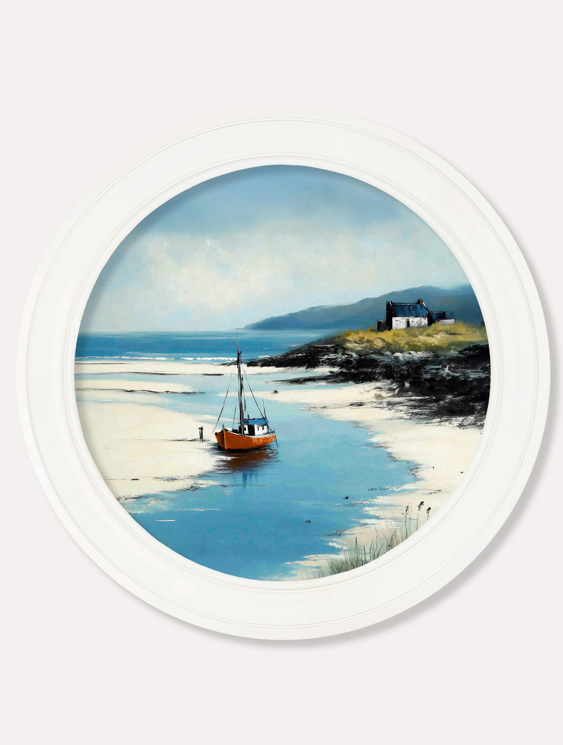 Rackhams White The Coastal Boat - Oxford Strong Round Frame - The Coastal Boat - 70 X 70Cm