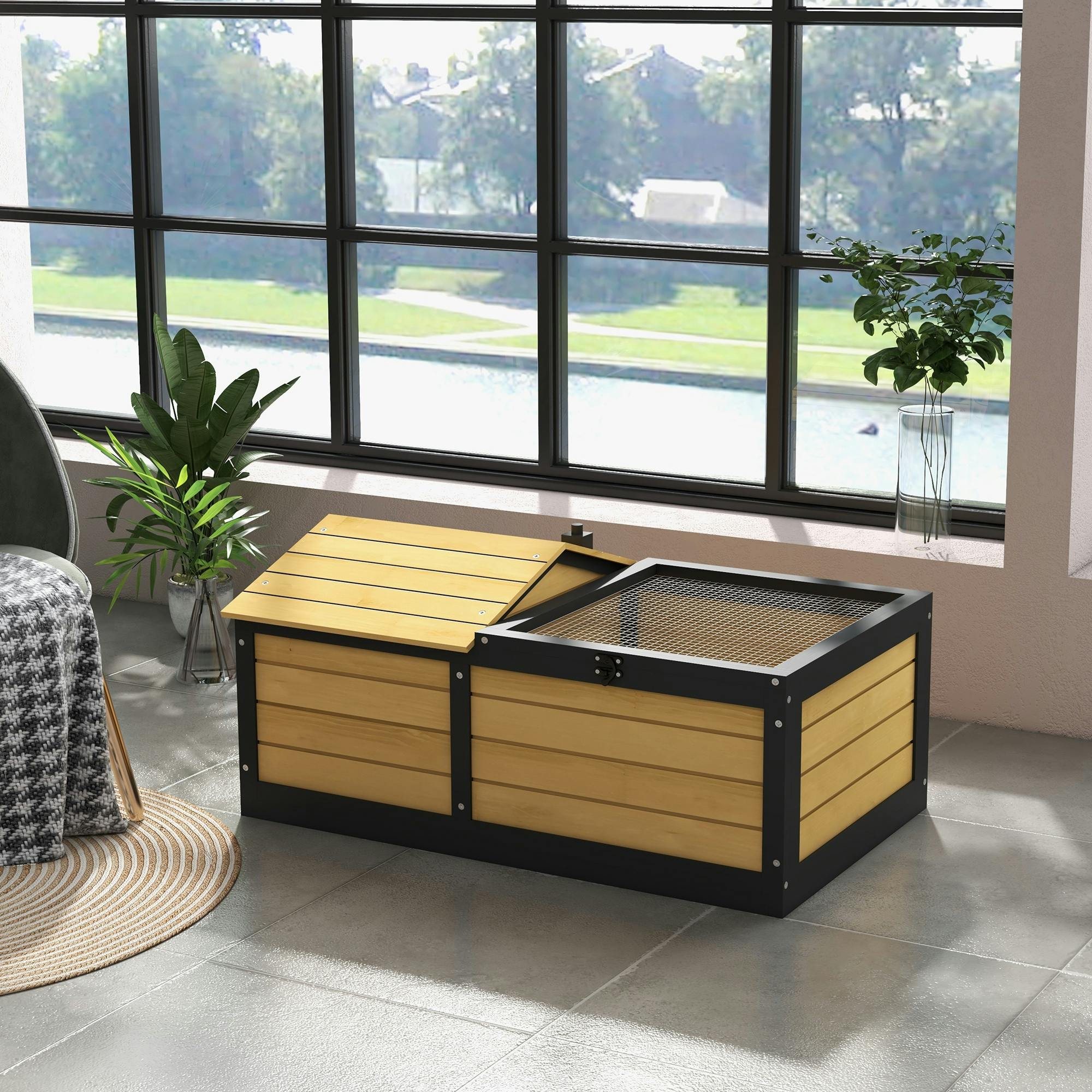 Pawhut Light Wooden Tortoise House, Small Pet Reptile With Hide Shelter Den And Run
