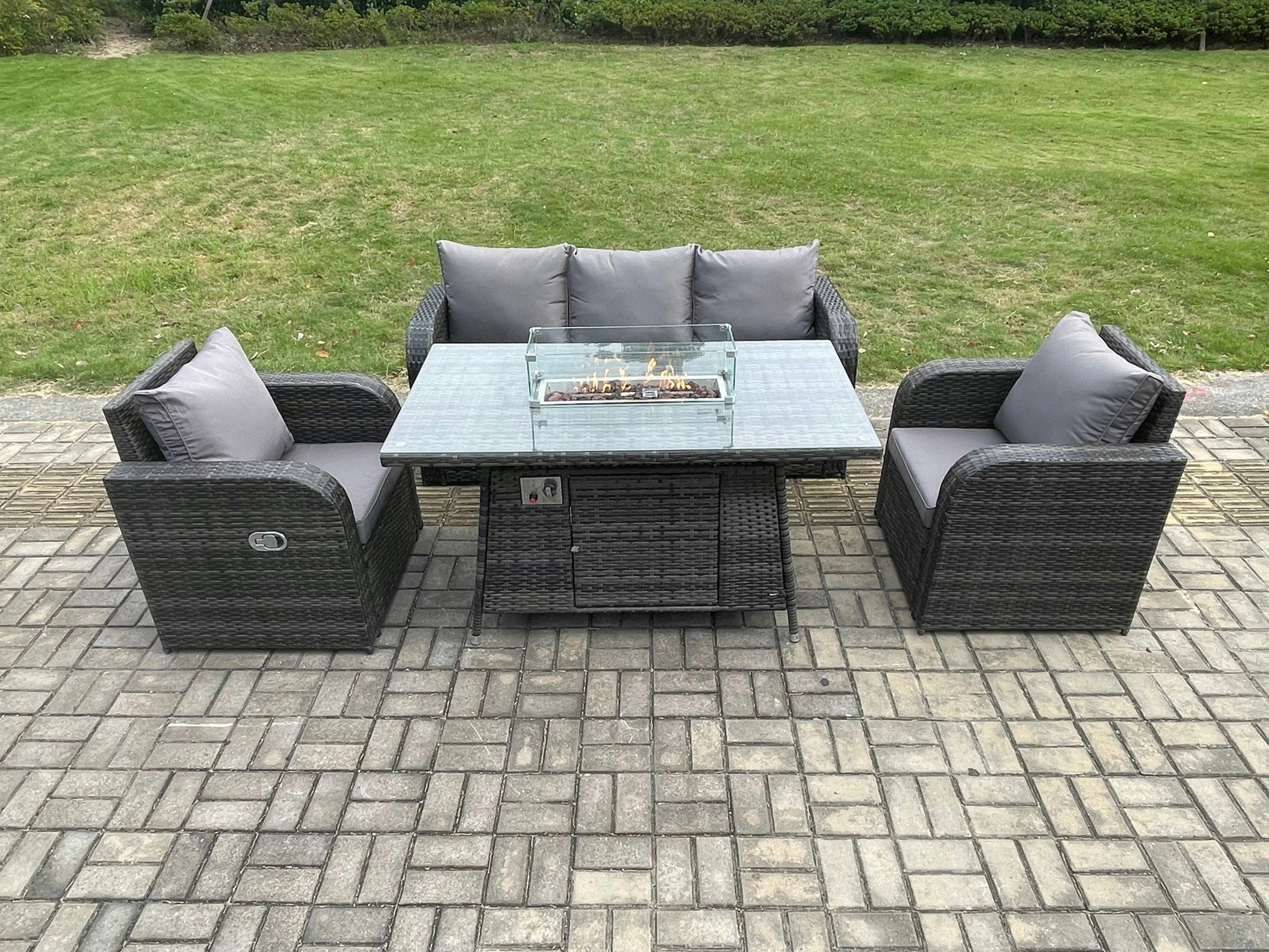 Fimous Dark/Grey Garden Patio Furniture Wicker Rattan Gas Fire Pit Table And Chair Set With 3 Seater Sofa Mixed