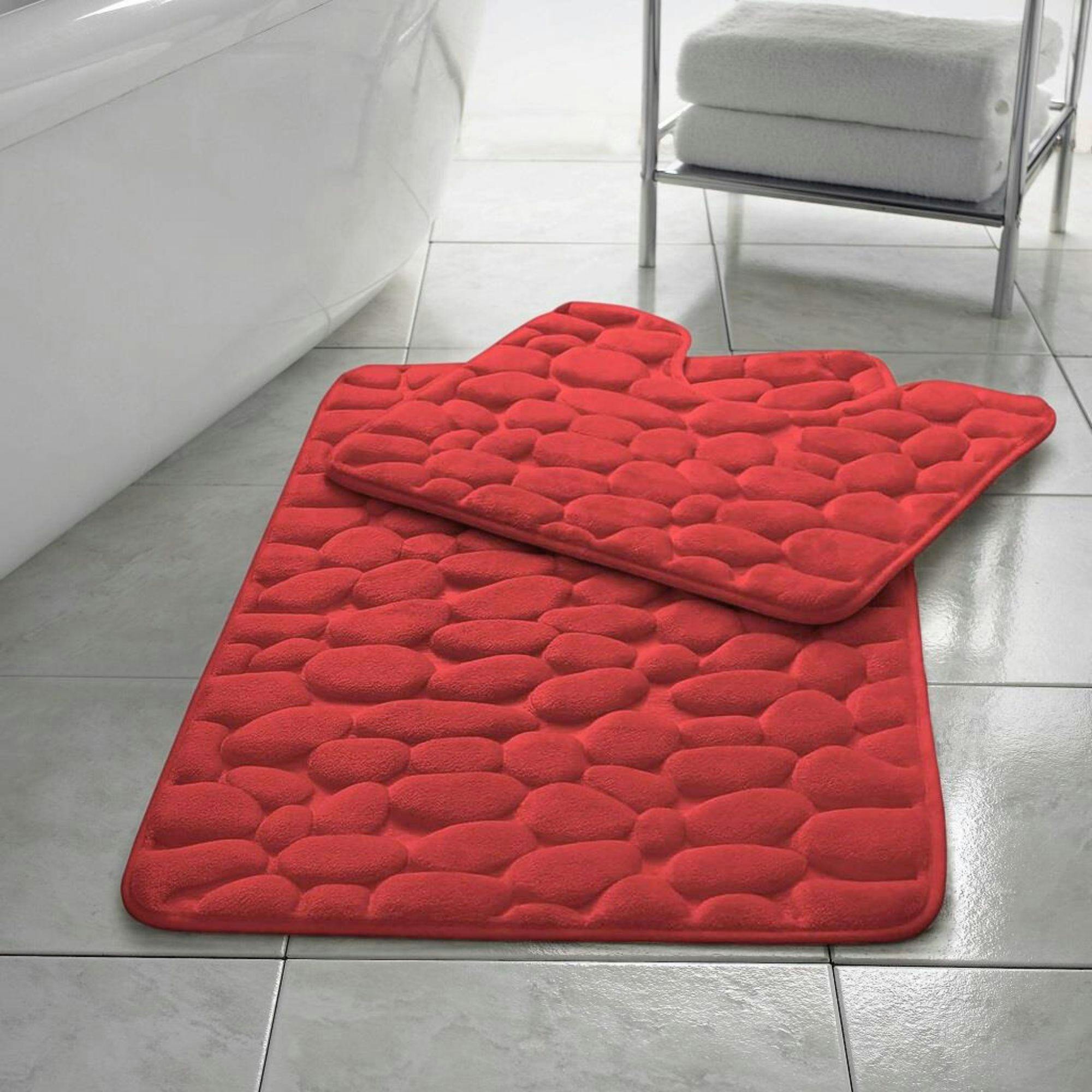 Rackhams Red Memory Foam Pebbles Bath Mat Set 2 Piece