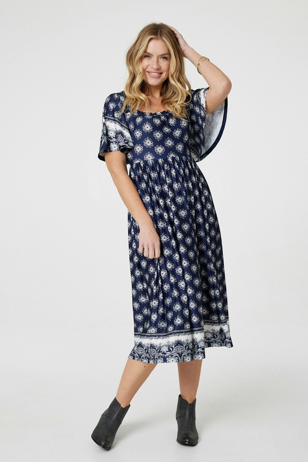 Izabel London Printed 1/2 Batwing Sleeve Midi Dress - Navy - 8