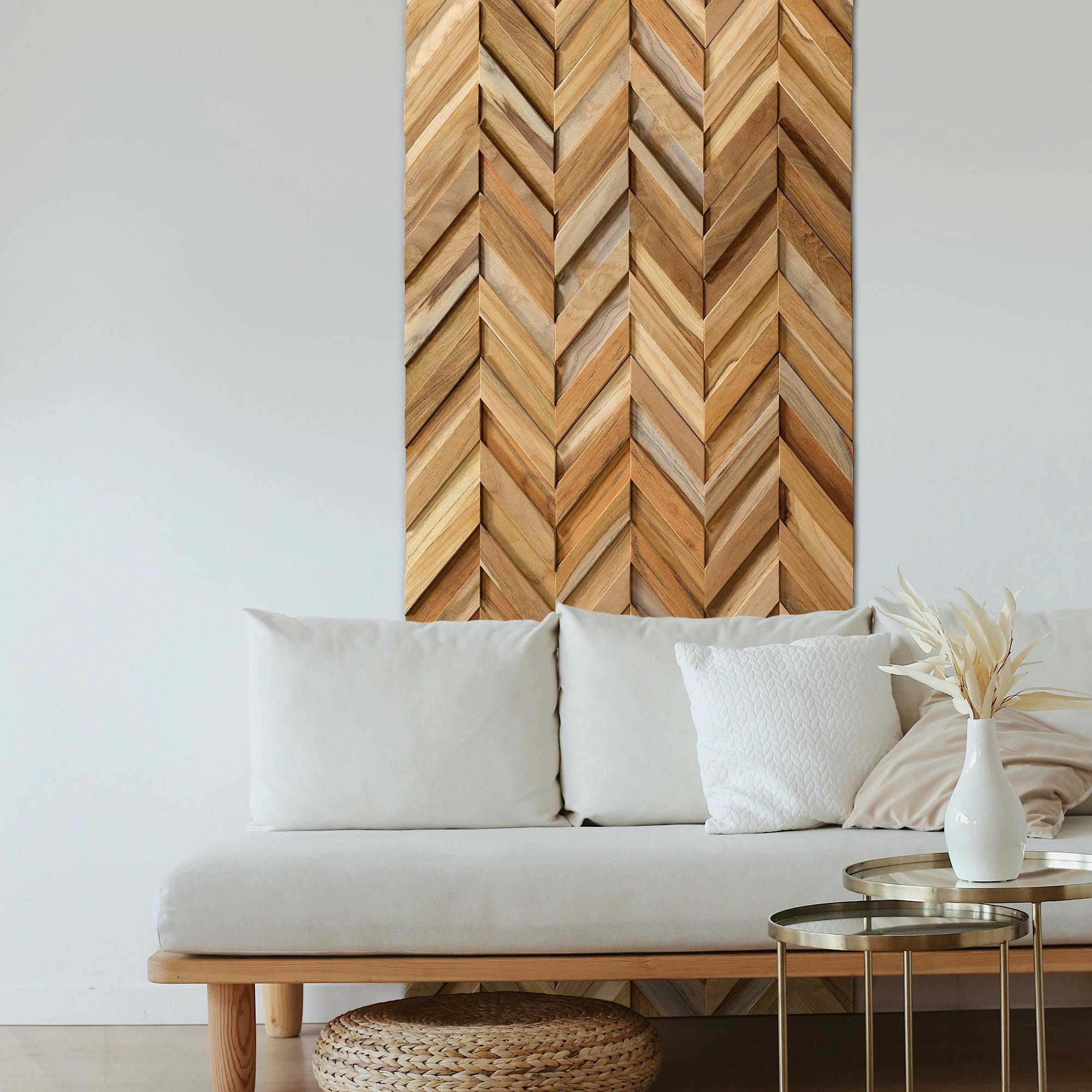 Wallsupply Ultrawood Chevron Herringbone Solid Teak Wood Hardwood Panels, Wall Cladding 3D Interlocking Tiles, 10Pcs 0.69M²