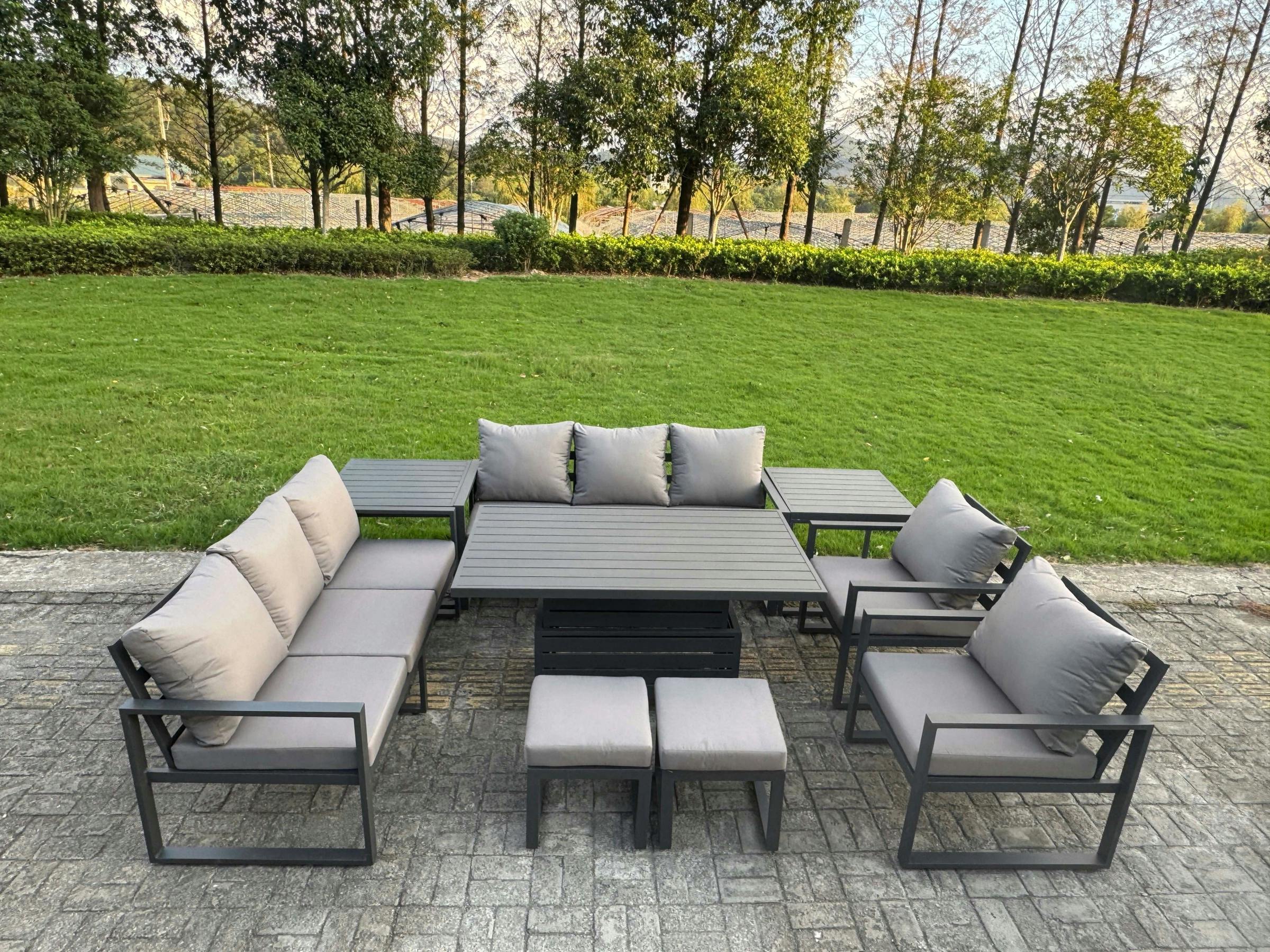 Rackhams Grey 10 Seater Aluminium Outdoor Garden Furniture Set With Adjustable Rising Dining Table, 2 Sofas, 2 Side Tables & 2 Stools