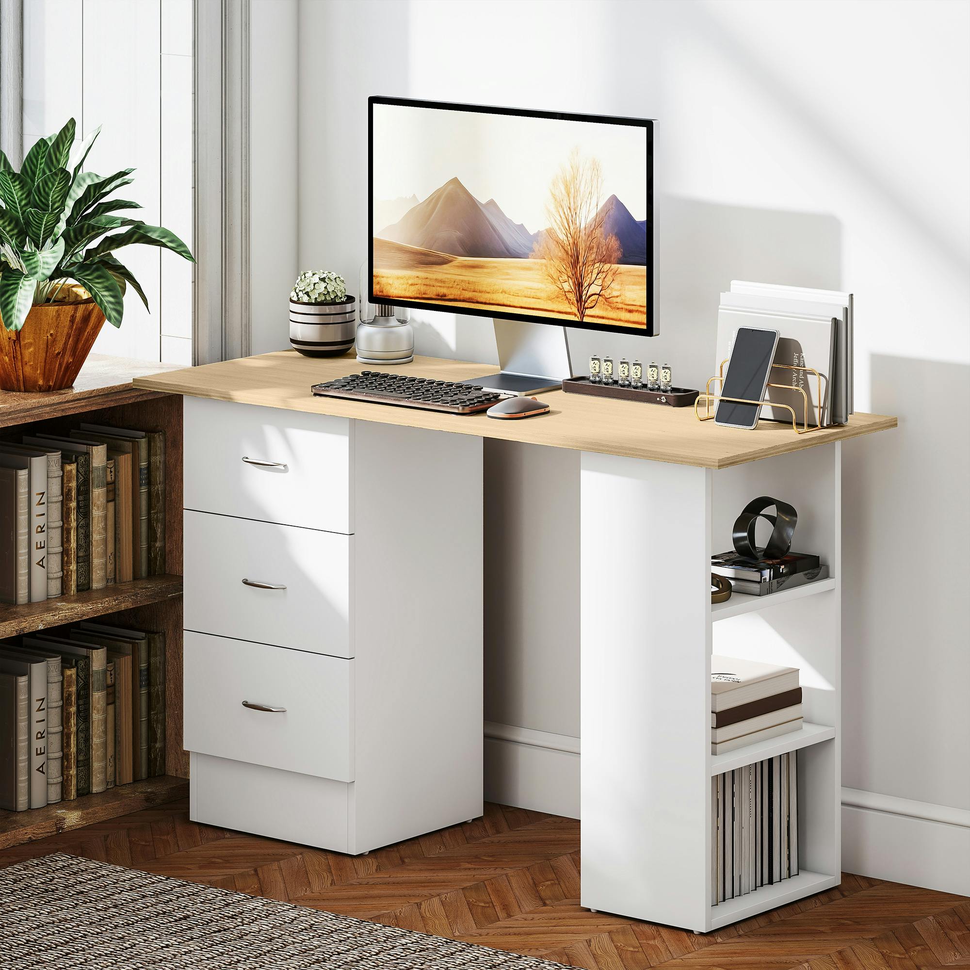 Rackhams Grey/White 120Cm Computer Desk, Study Table With 3 Shelf & Drawers,