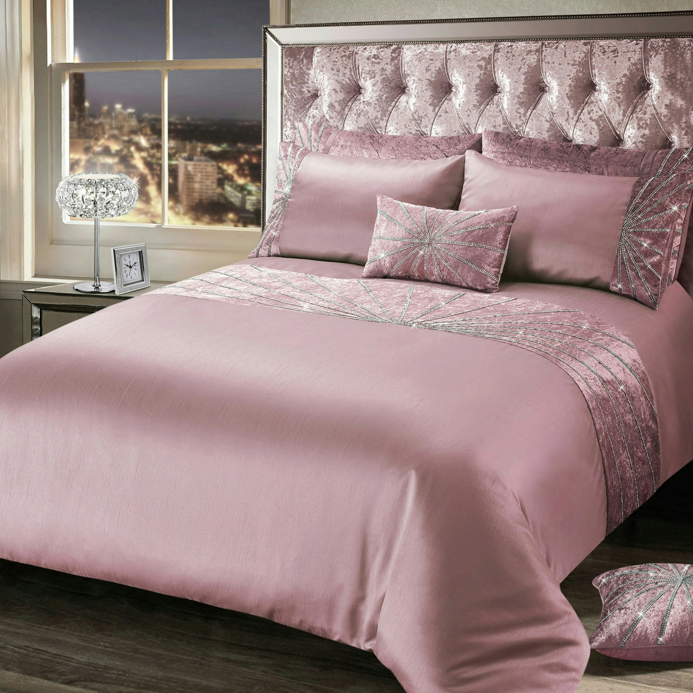 Rackhams Pink Diamante Starburst Crushed Velvet Duvet Cover & Pillowcase Set - Single