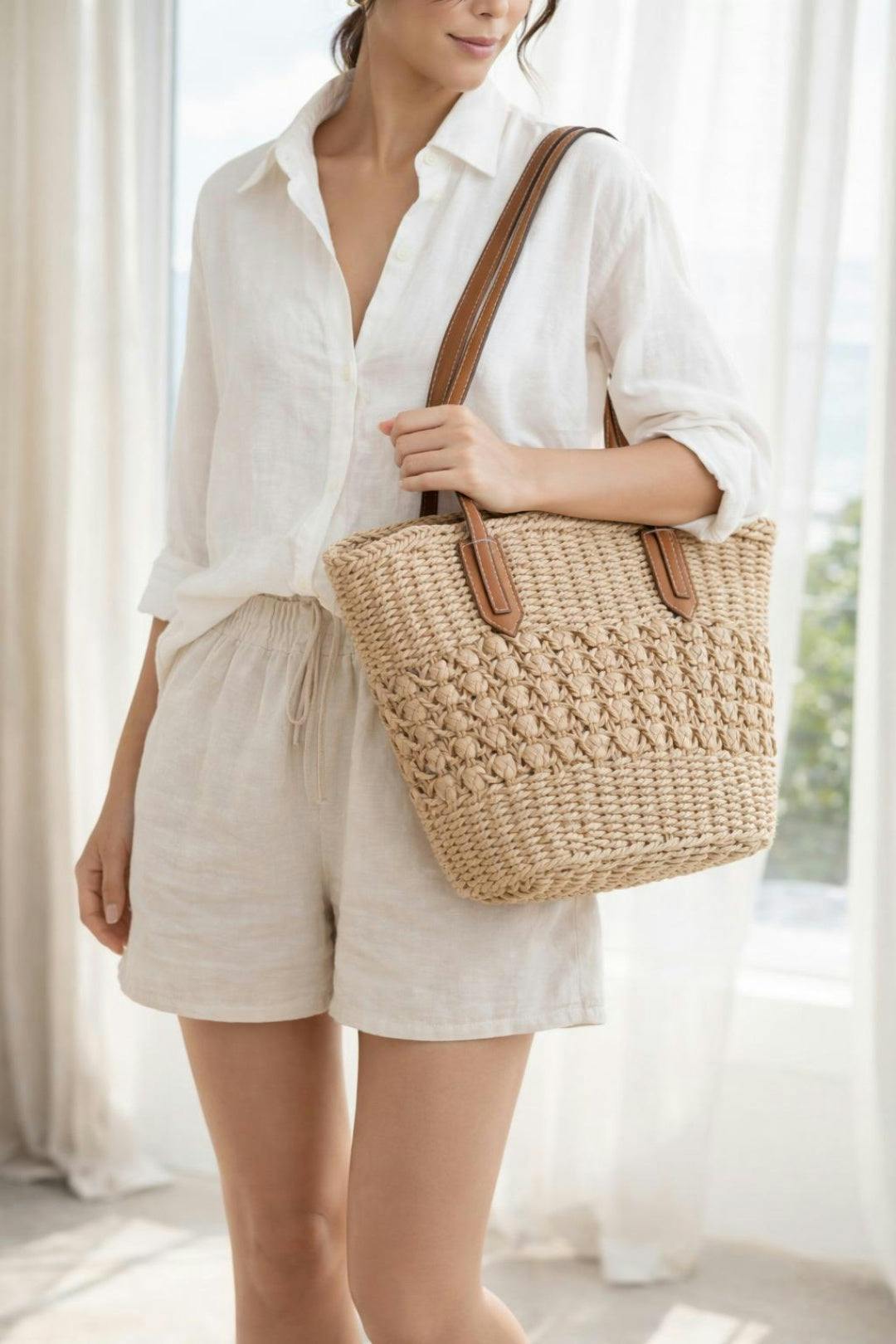 SVNX Women's Single Shoulder Striped Straw Bag in Beige - Image 5