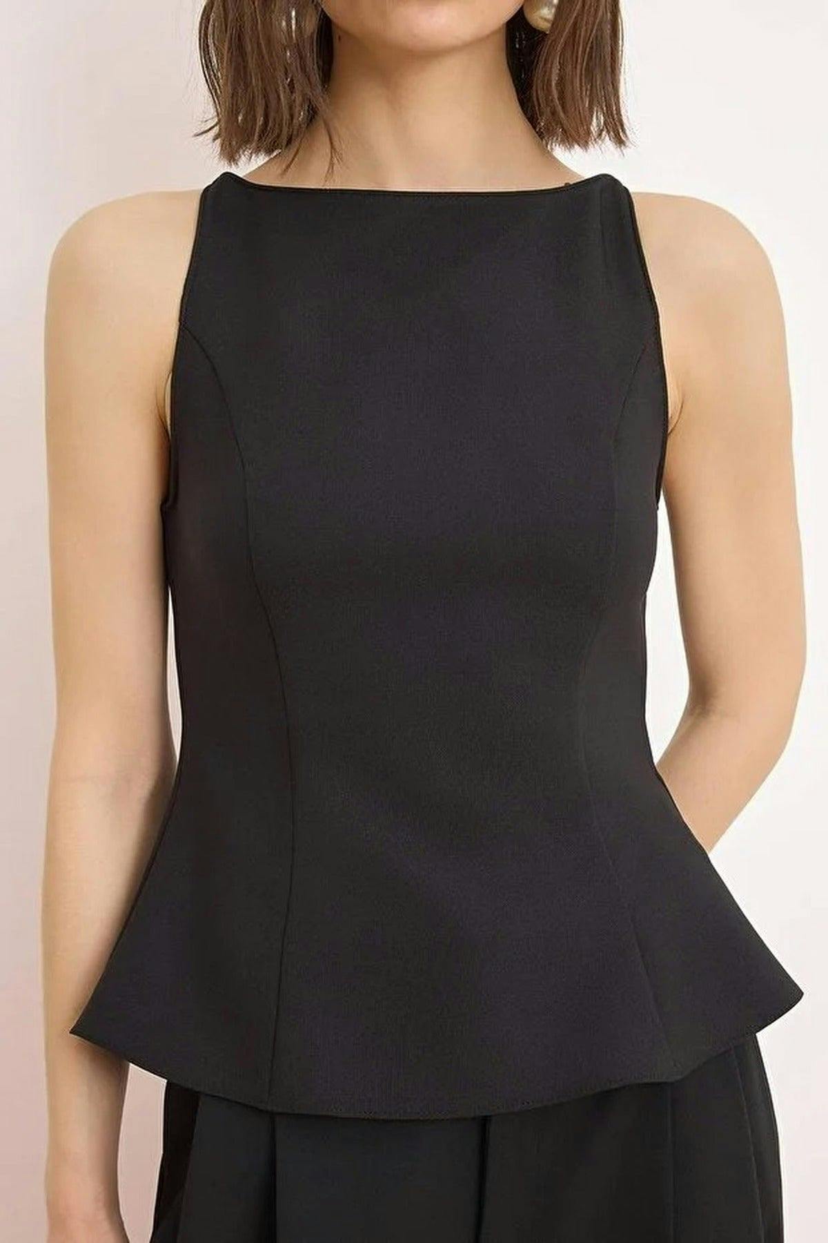 Wovcor Black Back Bow Detail Peplum Woven Blouse - 6
