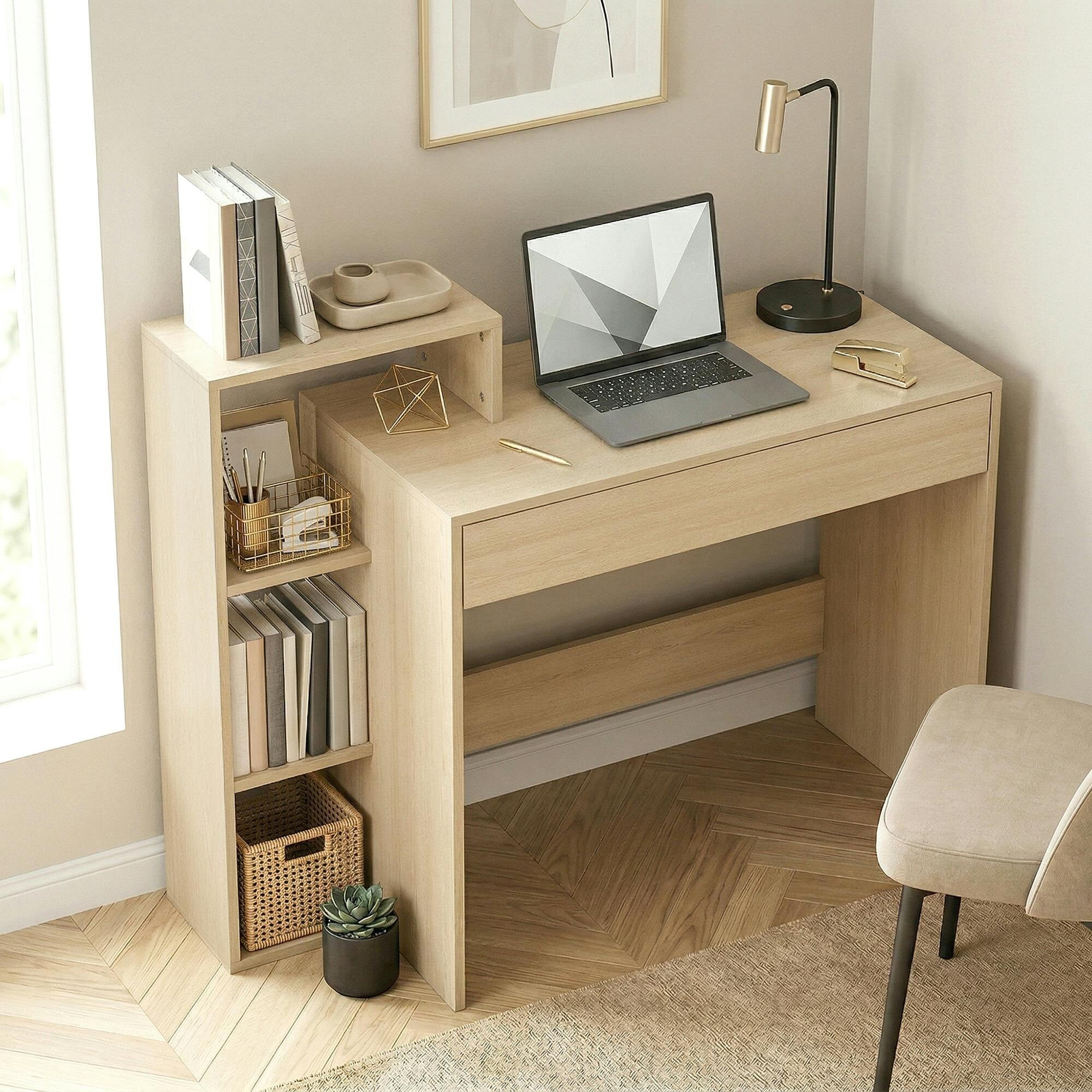 Homcom Computer Desk With 3 Open Shelves And Drawer, Natural - Image 2