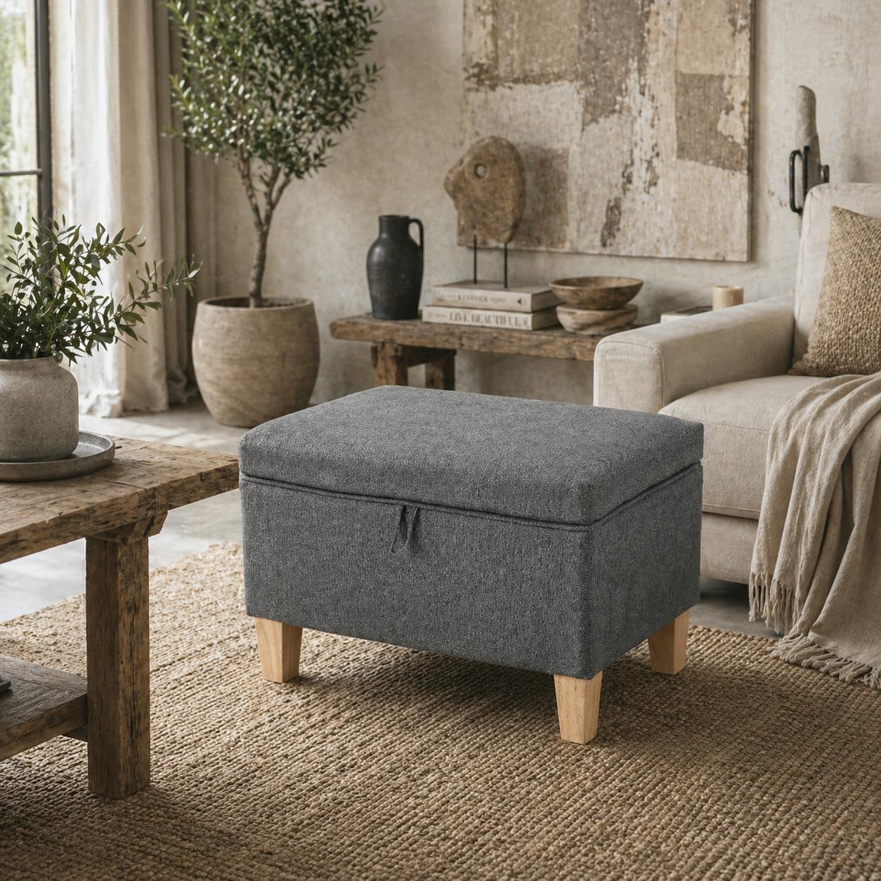 Wyld Haus Grey Doma Linen Compact Storage Footstool With Storage Natural Wooden Legs