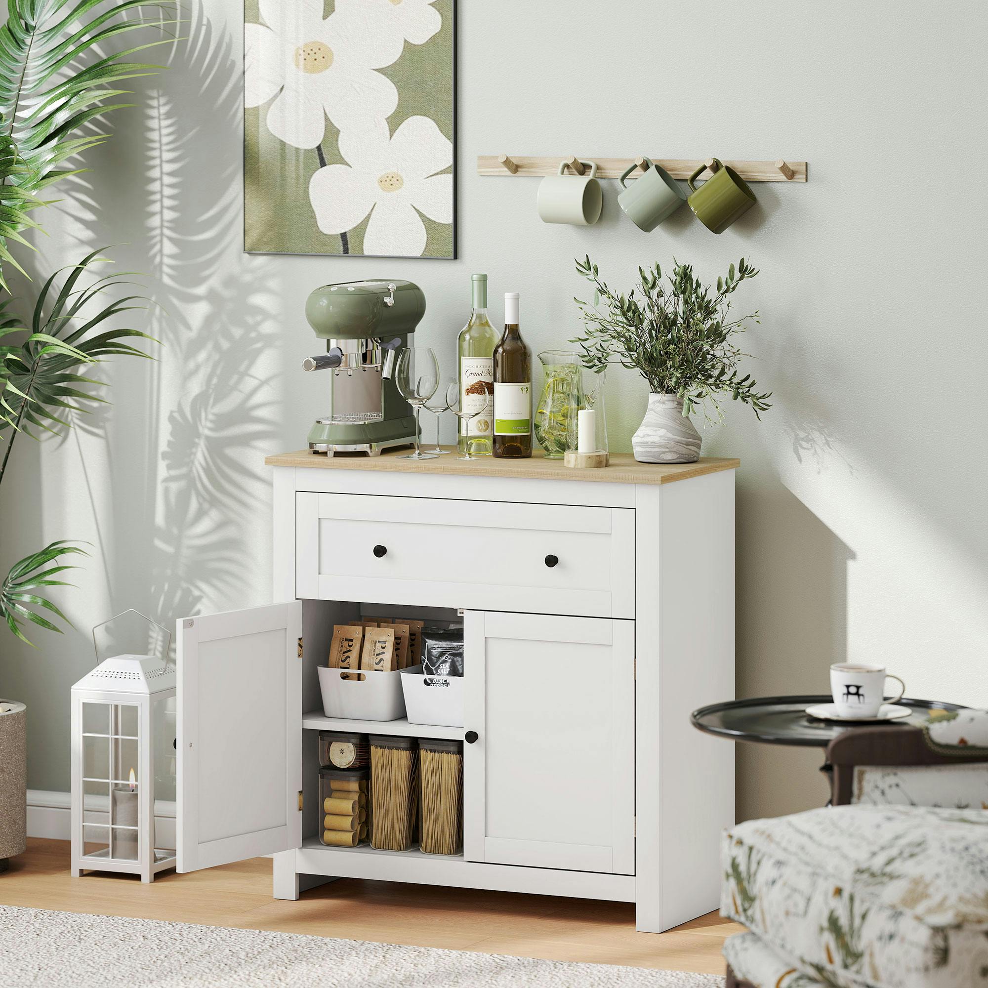 Rackhams Grey/White Sideboard Storage Cabinet With Adjustable Shelf, Drawer, - Oak-Effect Top, Body - Sideboard