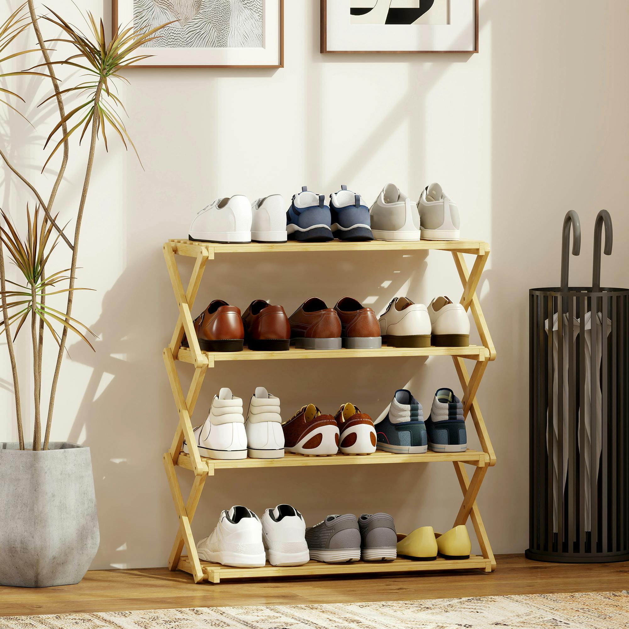 Homcom 3-Tier Bamboo Shoe Rack, Folding Shoe Shelf, Holds Up To 9 Pairs - 60W X 29D X 67H Cm