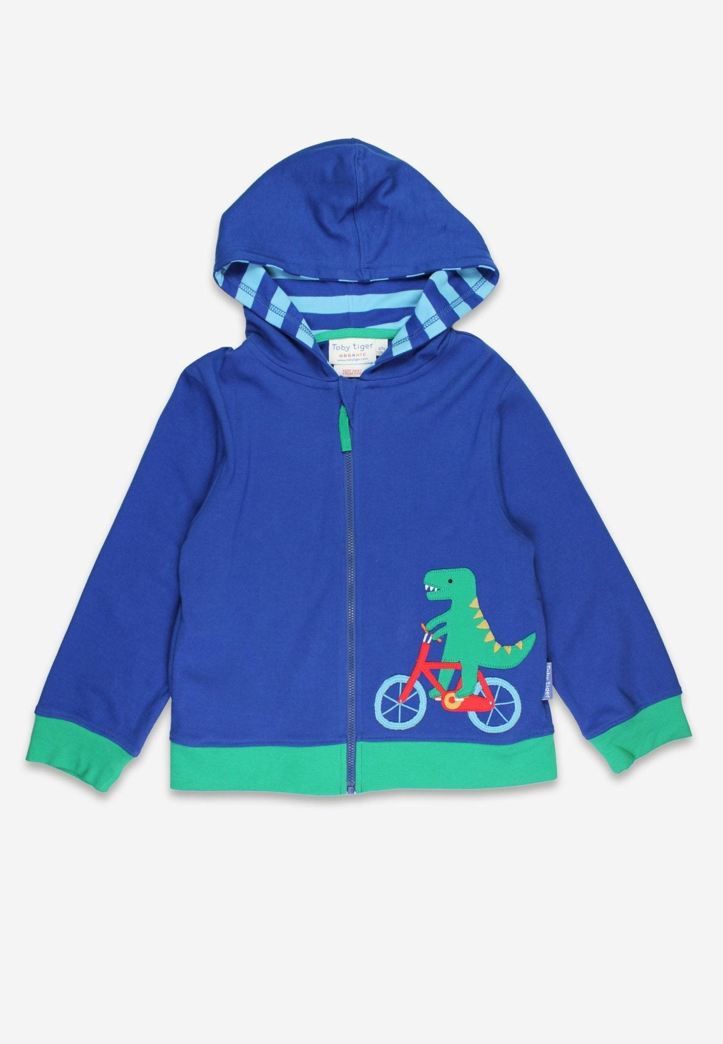 Toby Tiger Dark/Blue/Green Organic Toys Bicycle Dinosaur Applique Hoodie - 6-7Y / 122Cm