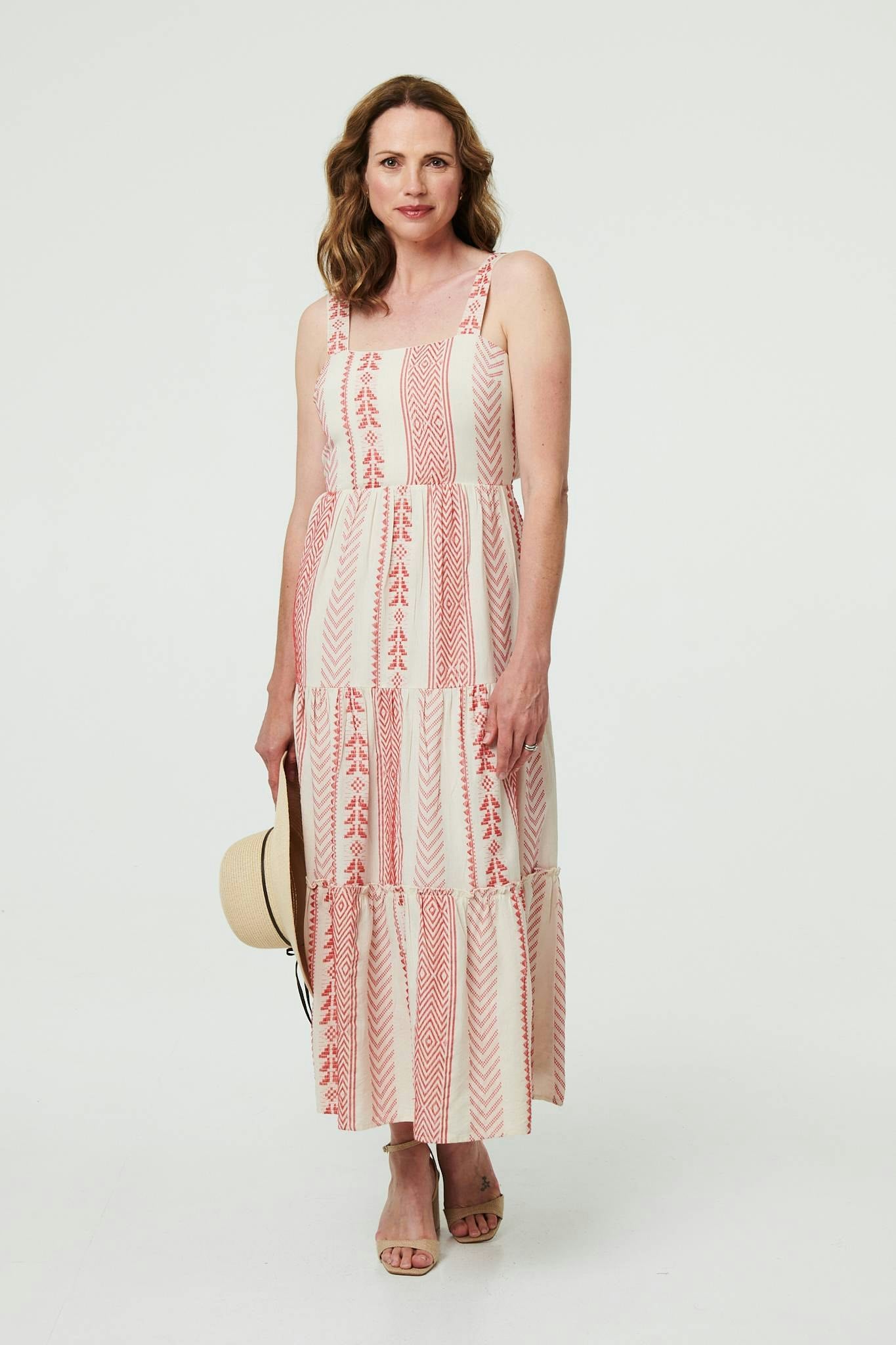 Izabel London Women's Coral Printed Sleeveless Tiered Midi Dress - M