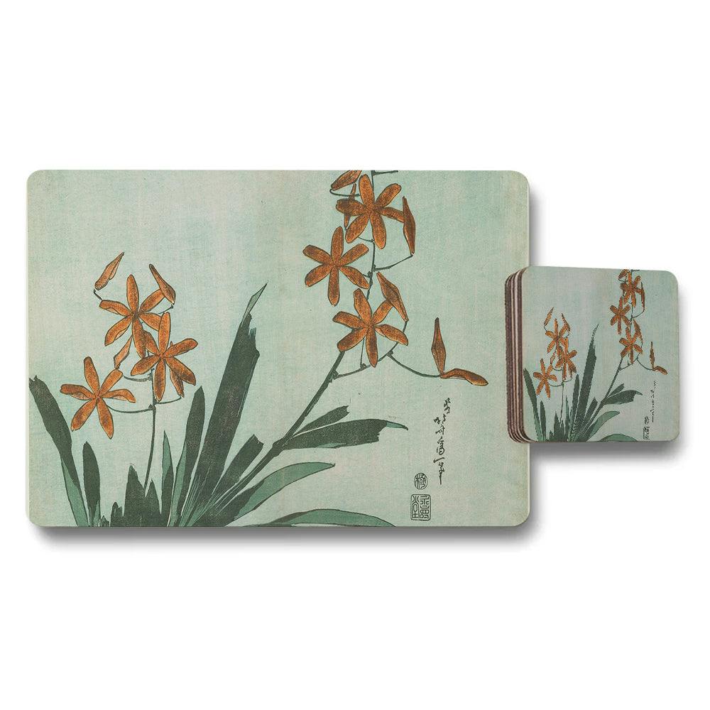 Rackhams Orange Floral Placemats And Coaster Set With Botanical Art