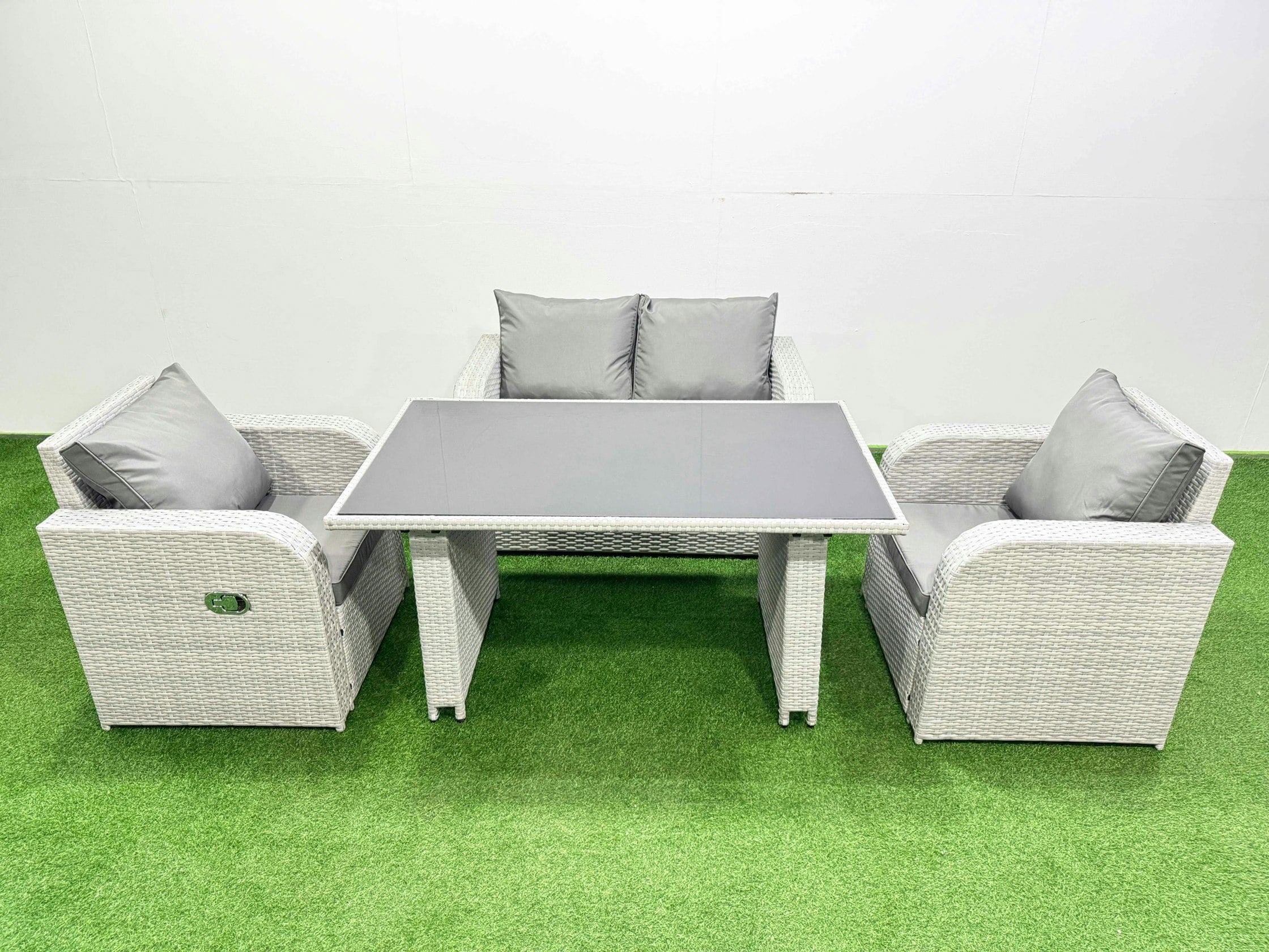 Rackhams Dark/Grey Outdoor Rattan Garden Furniture Dining Set 4 Seater Patio Rectangular Table Love Sofa Reclining Chair Set