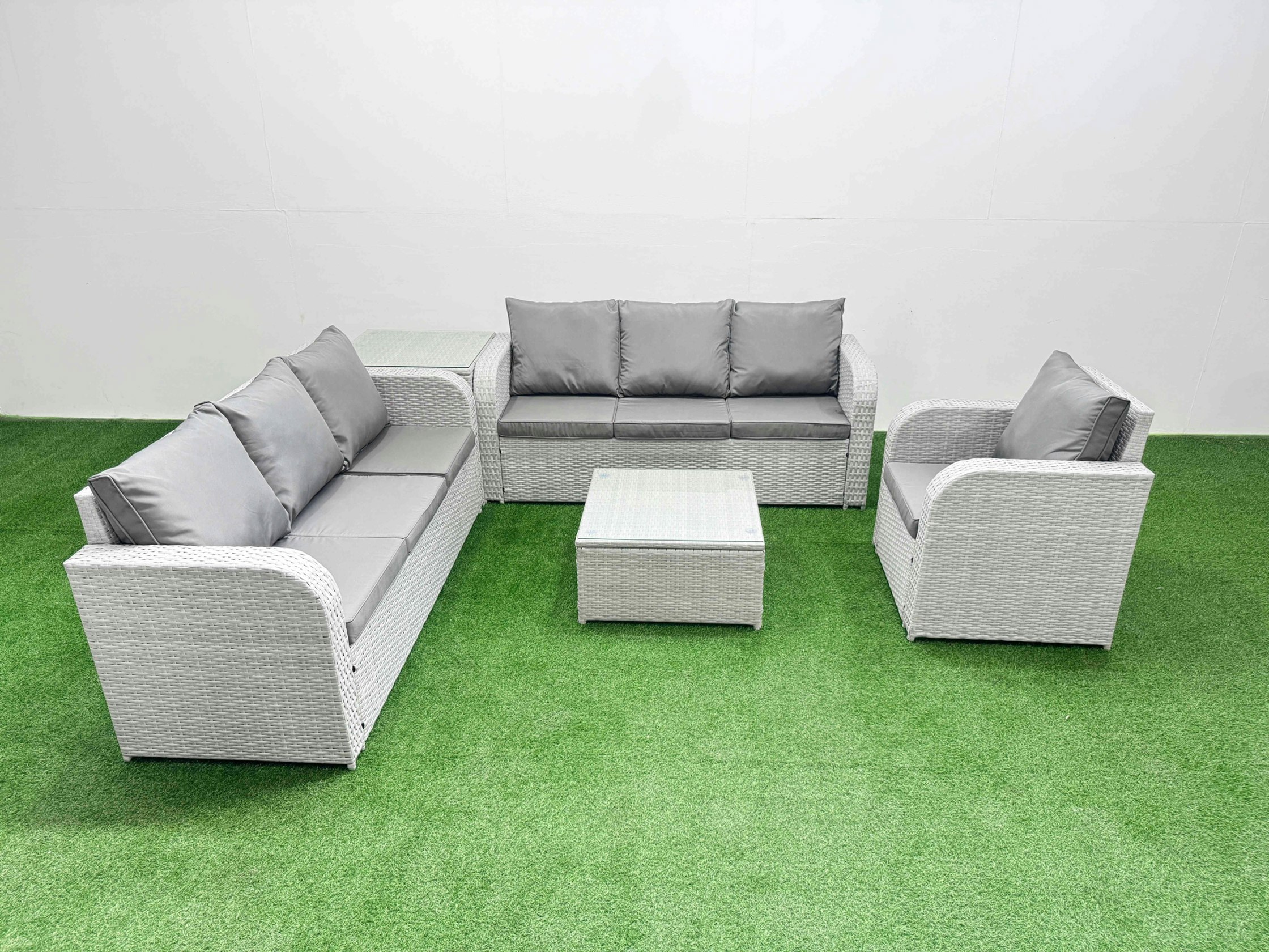 Rackhams Light/Grey 7 Seater Rattan Outdoor Garden Furniture Square Coffee Table Sofa Set Patio 3 Seater Sofa Reclining Chair 3 Seater Sofa Side Table