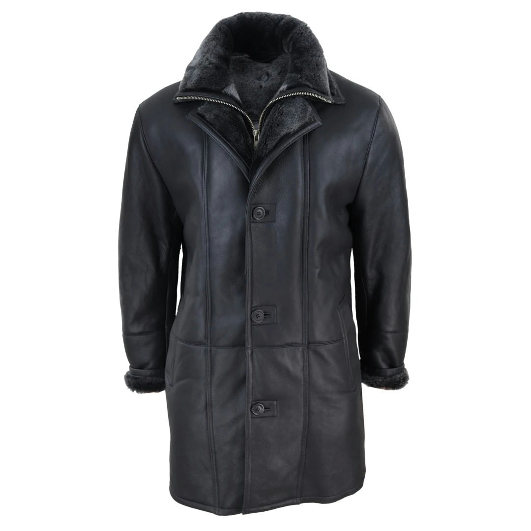Infinity Leather Men's Black Leather Company 3/4 Duffle Jacket Sheepskin Long Button Zip Warm - 4XL
