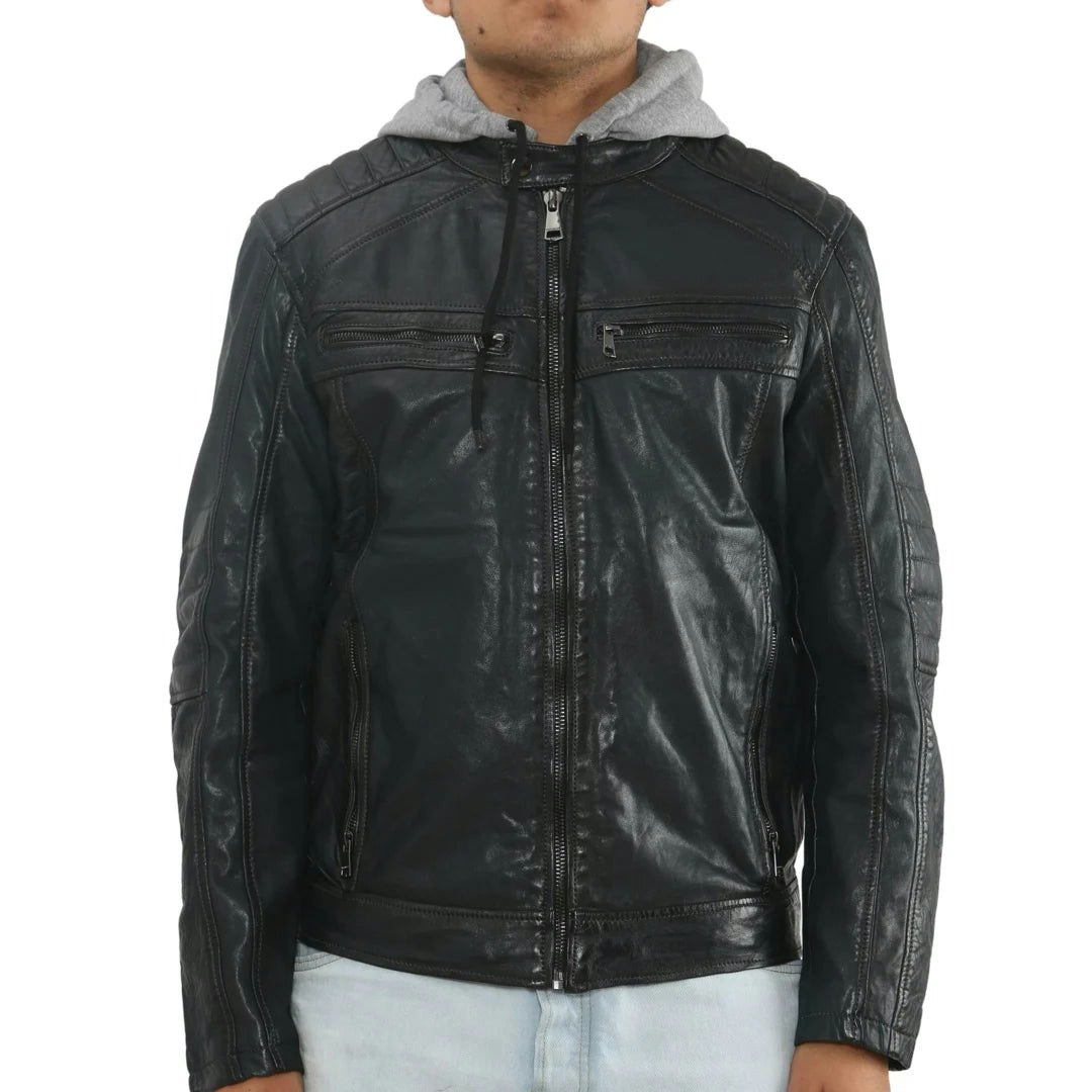 Infinity Leather Men's Leather Company Hooded Biker Lamb Leather Jacket - Navy - 3XL