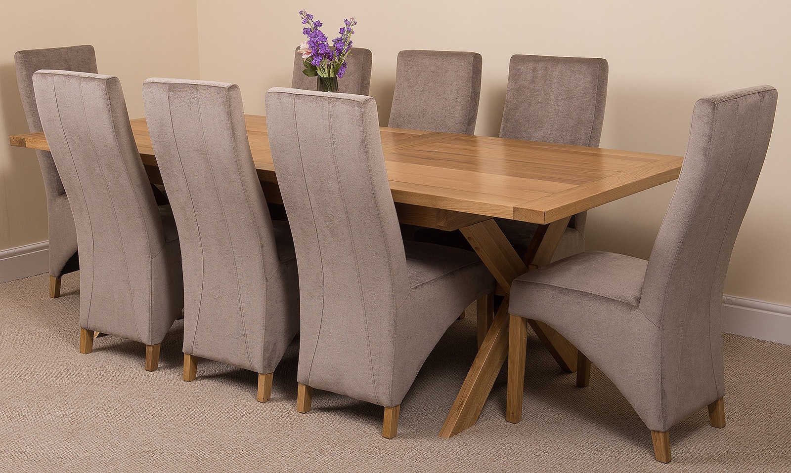Rackhams Grey Vermont Cross Leg Oak Extending Dining Table With Lola Fabric Chairs - Chairs Size 8