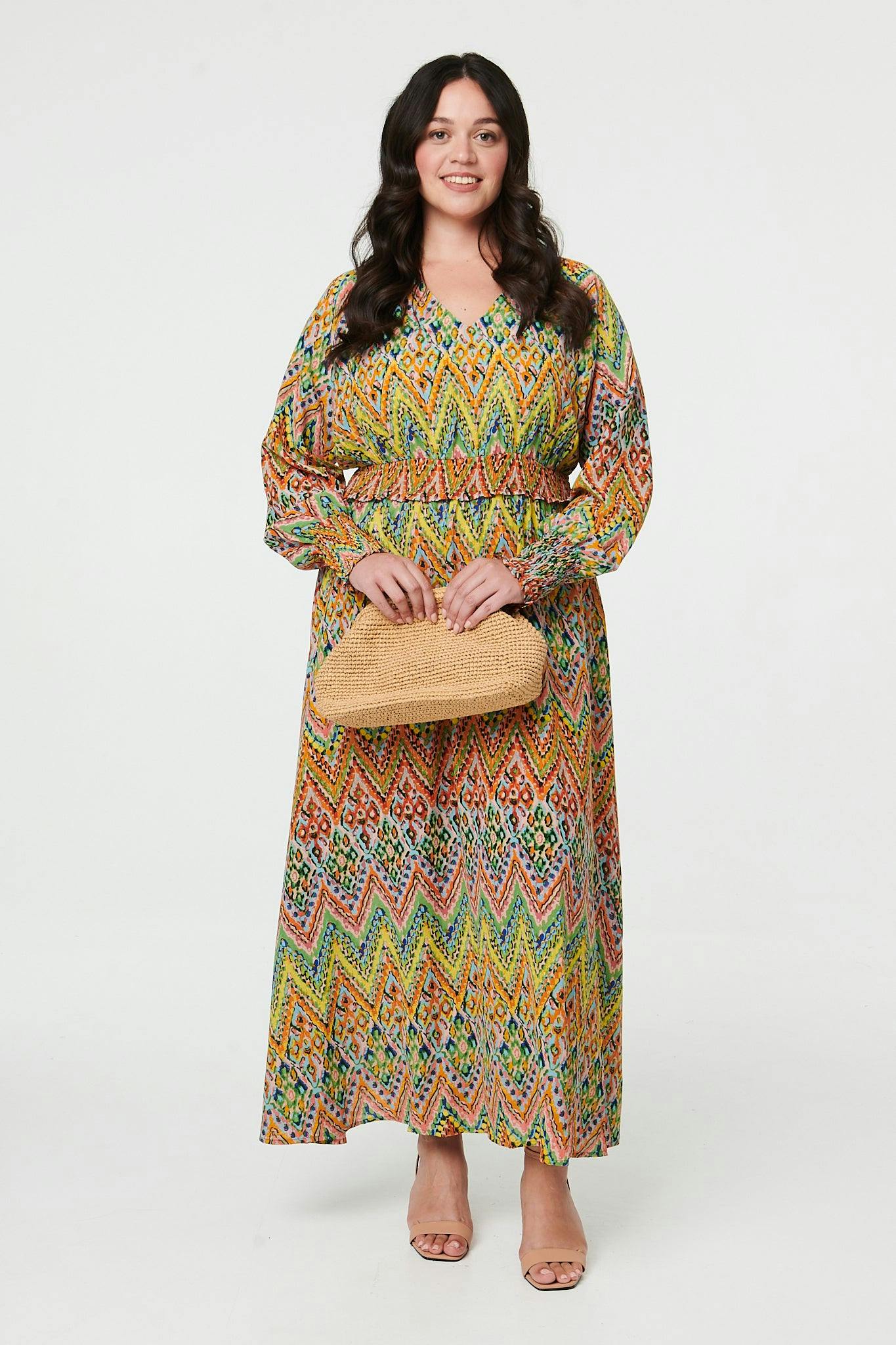 Izabel London Green Curve Abstract Long Sleeve Maxi Dress - 20