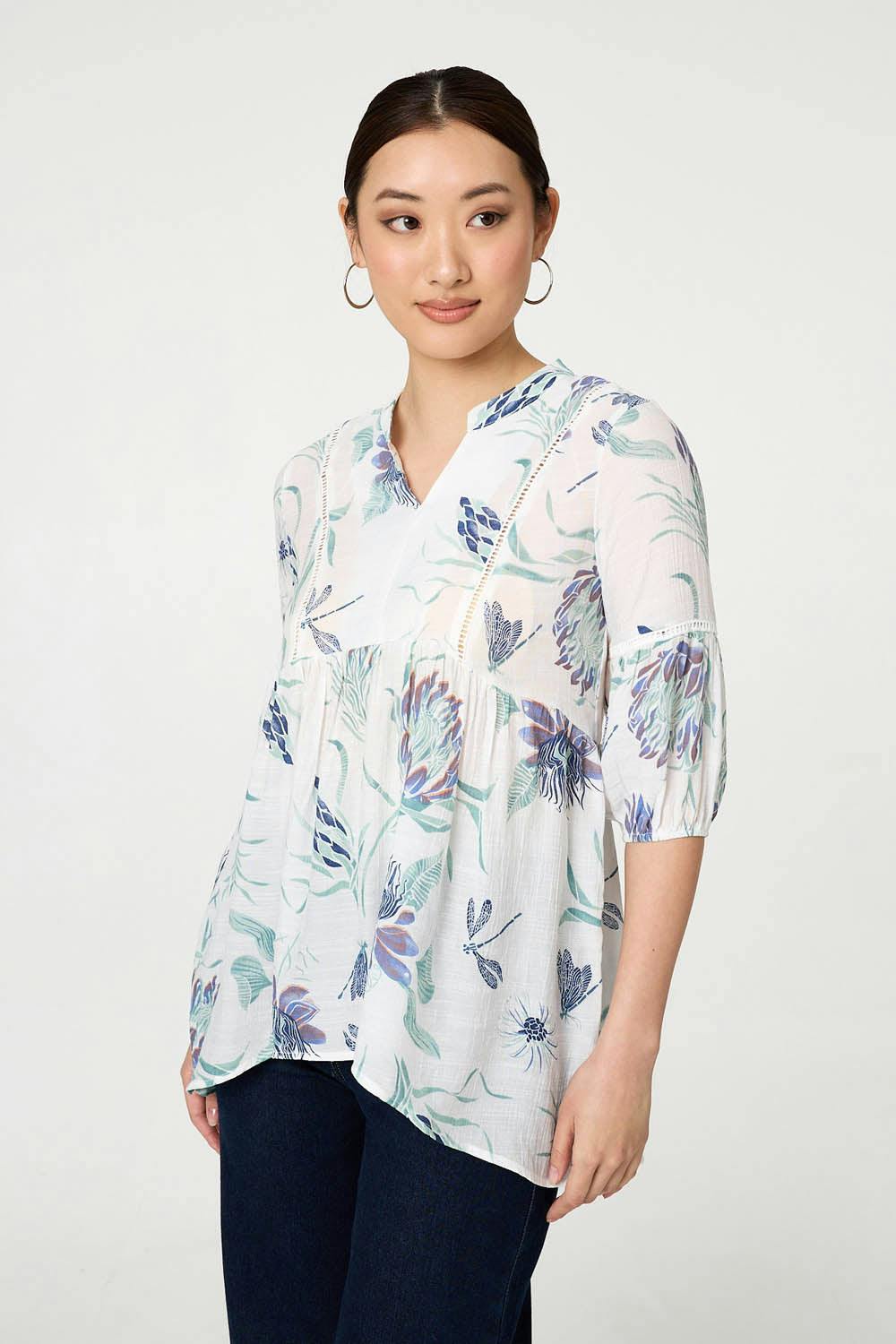 Izabel London Blue Floral Lace Ruched 3/4 Sleeve Blouse - 8