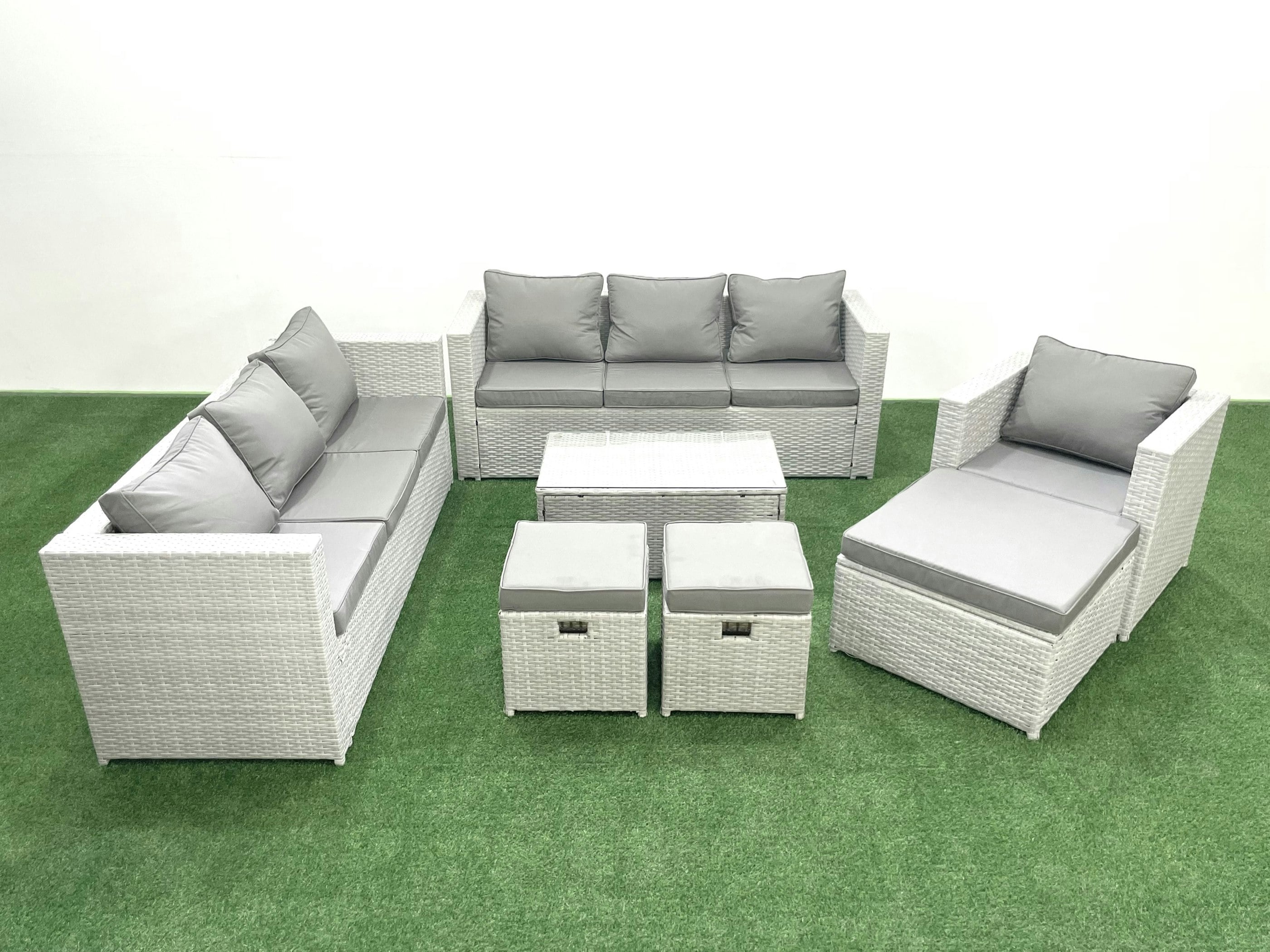 Rackhams Light/Grey Wicker Pe Rattan Sofa Garden Furniture Set With Armchair Oblong Coffee Table 3 Footstools Mixed