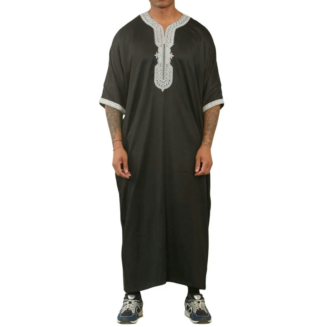 Thobez Men's Black Hm62 - Moroccan Thobe Short Sleeve Embroidery Gandoura - 60