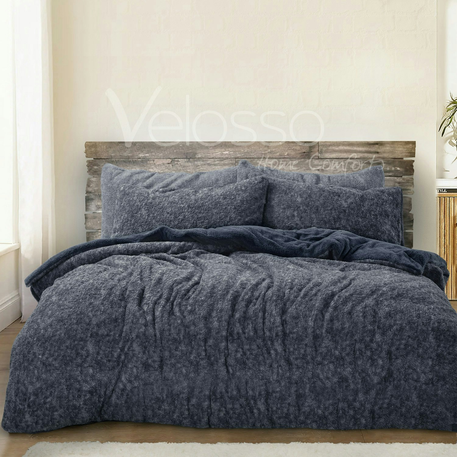 Velosso Teddy Marl Fluffy And Warm Fleece Duvet Cover Set - Navy - Single