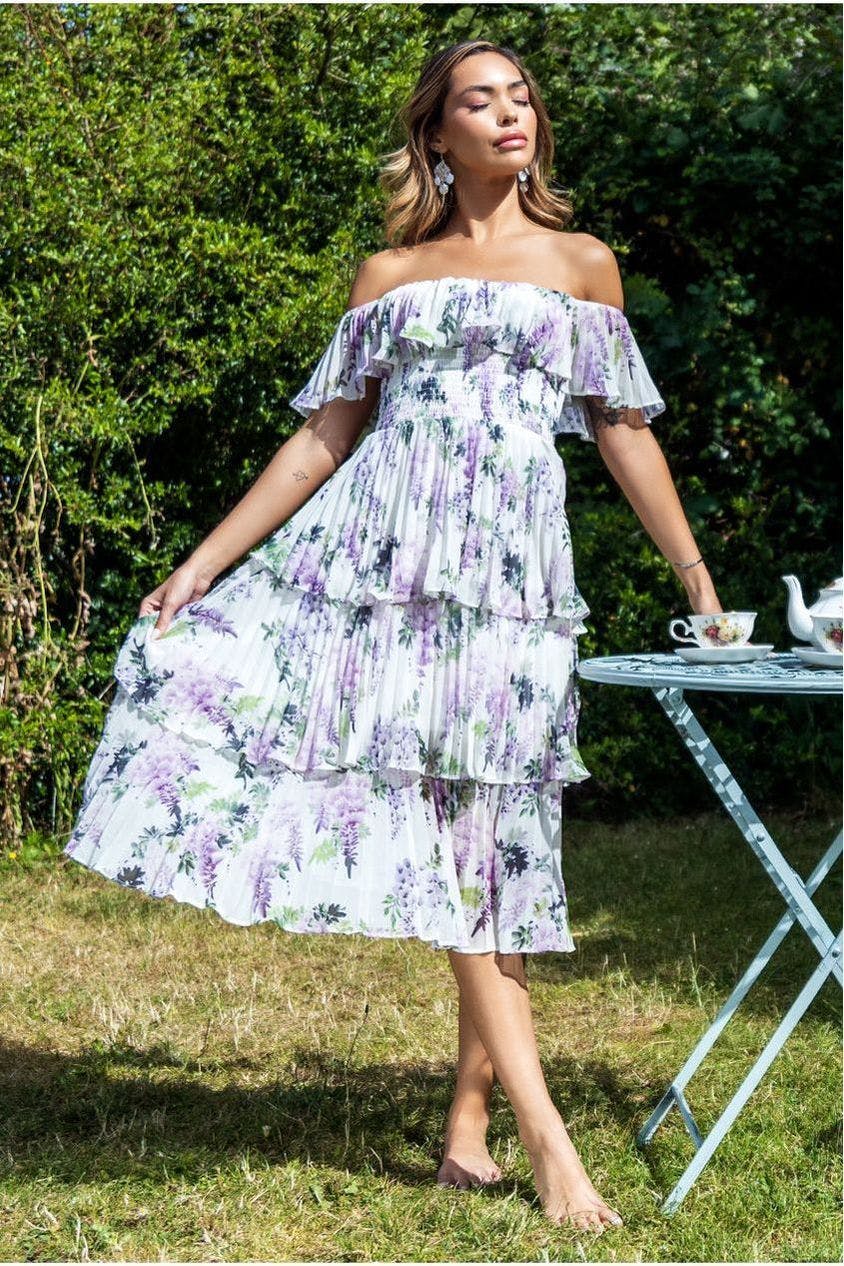 Goddiva Light Shirred Chiffon Floral Bardot Midi Dress - Multi By - Multi - 12