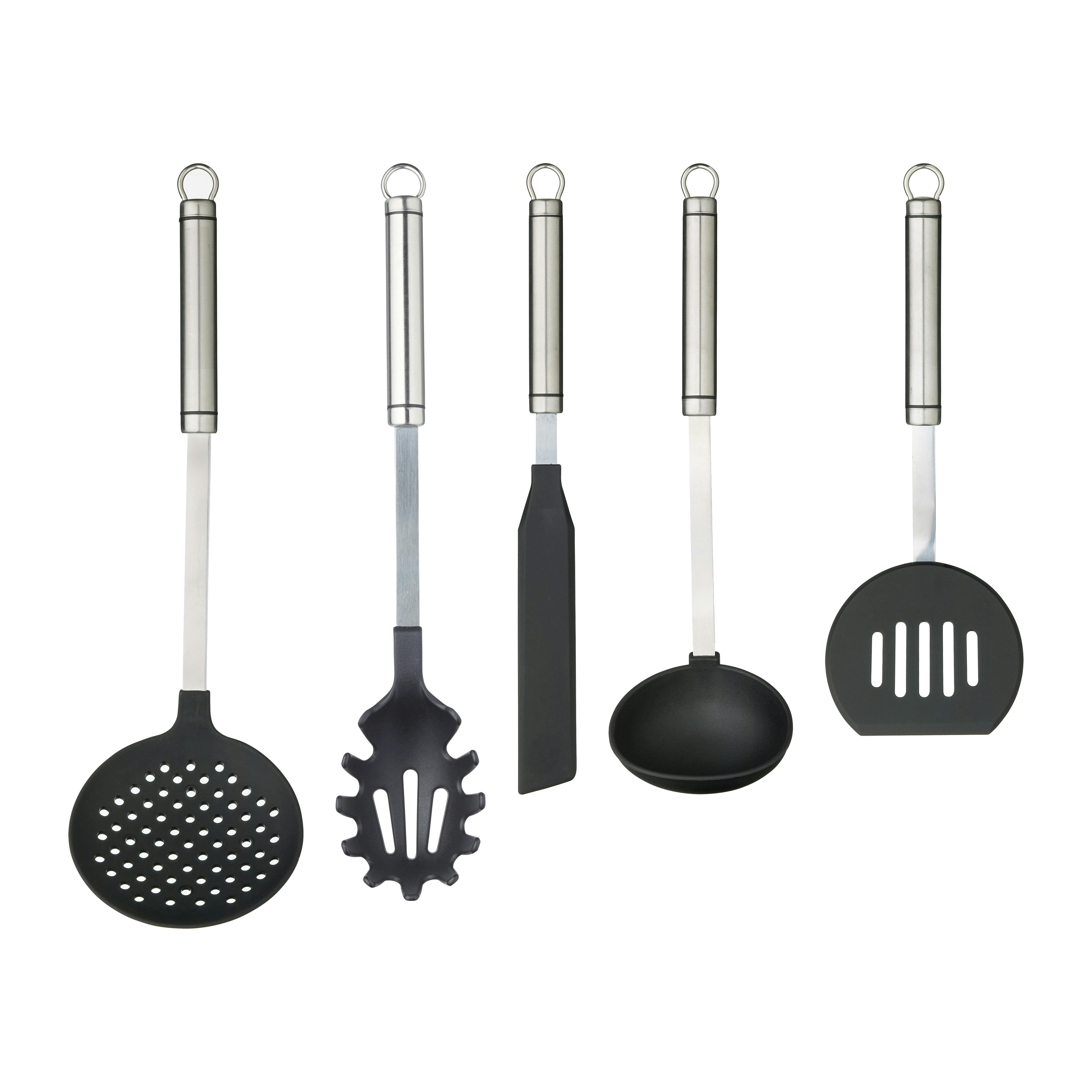 Rackhams Silver 5Pc Oval-Handled Stainless Steel Kitchen Utensils Set – Spaghetti Server, Spatula, Half-Round Turner, Skimmer & Ladle - Stainless Steel