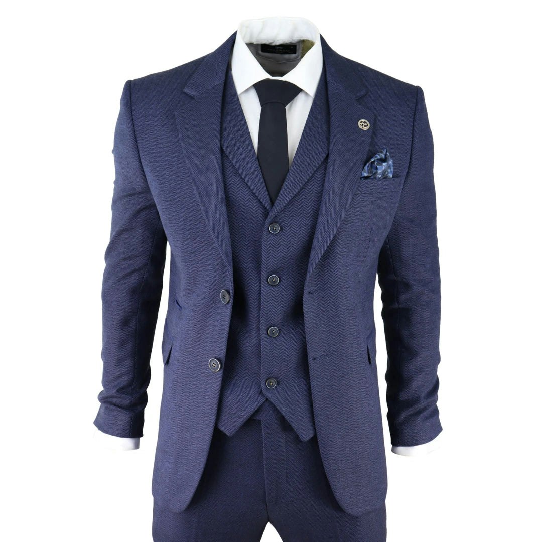 Truclothing Men's Blue Ak-04 - Herringbone Tweed 3 Piece Suit Wedding Blinders - 52" Jacket 46" Trousers
