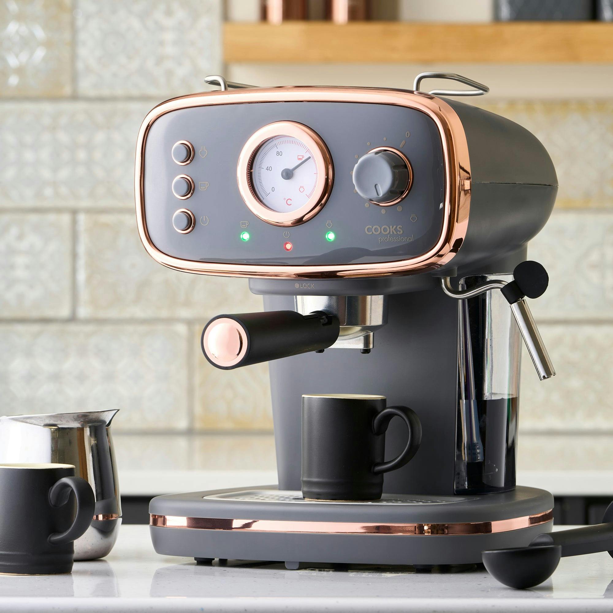Cooks Professional Grey Retro Espresso Machine | / Copper