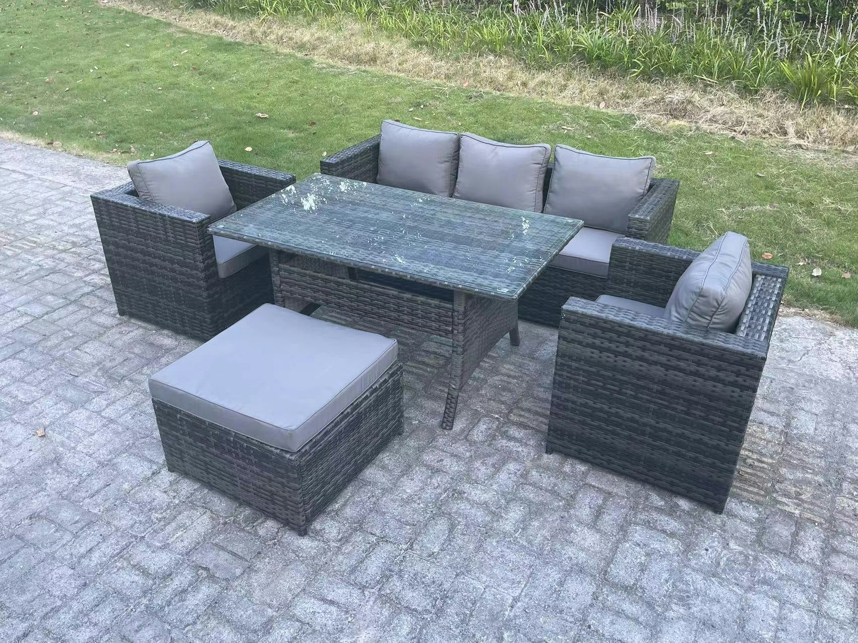 Rackhams Dark/Grey 6 Seater Pe Wicker Rattan Garden Furniture Set Lounge Sofa Chair And Rectangular Dining Table Set Big Footstools Mixed