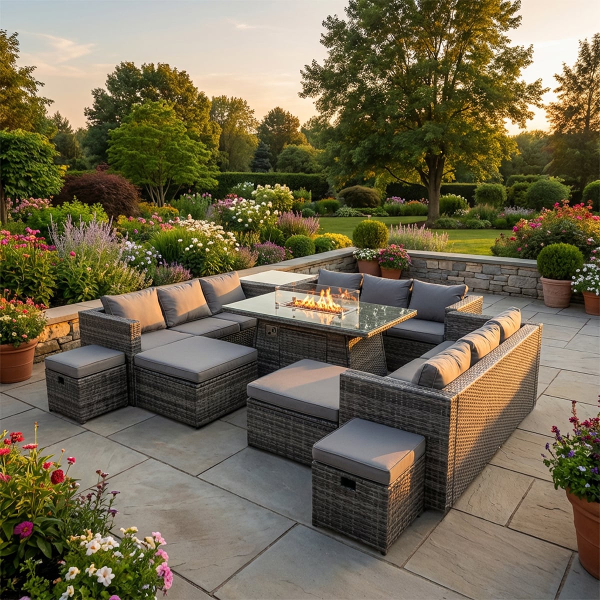 Rackhams Dark/Grey 13 Seater Rattan Garden Furniture Set With Fire Pit Dining Table, 3 Sofas, 4 Footstools & 1 Side Table