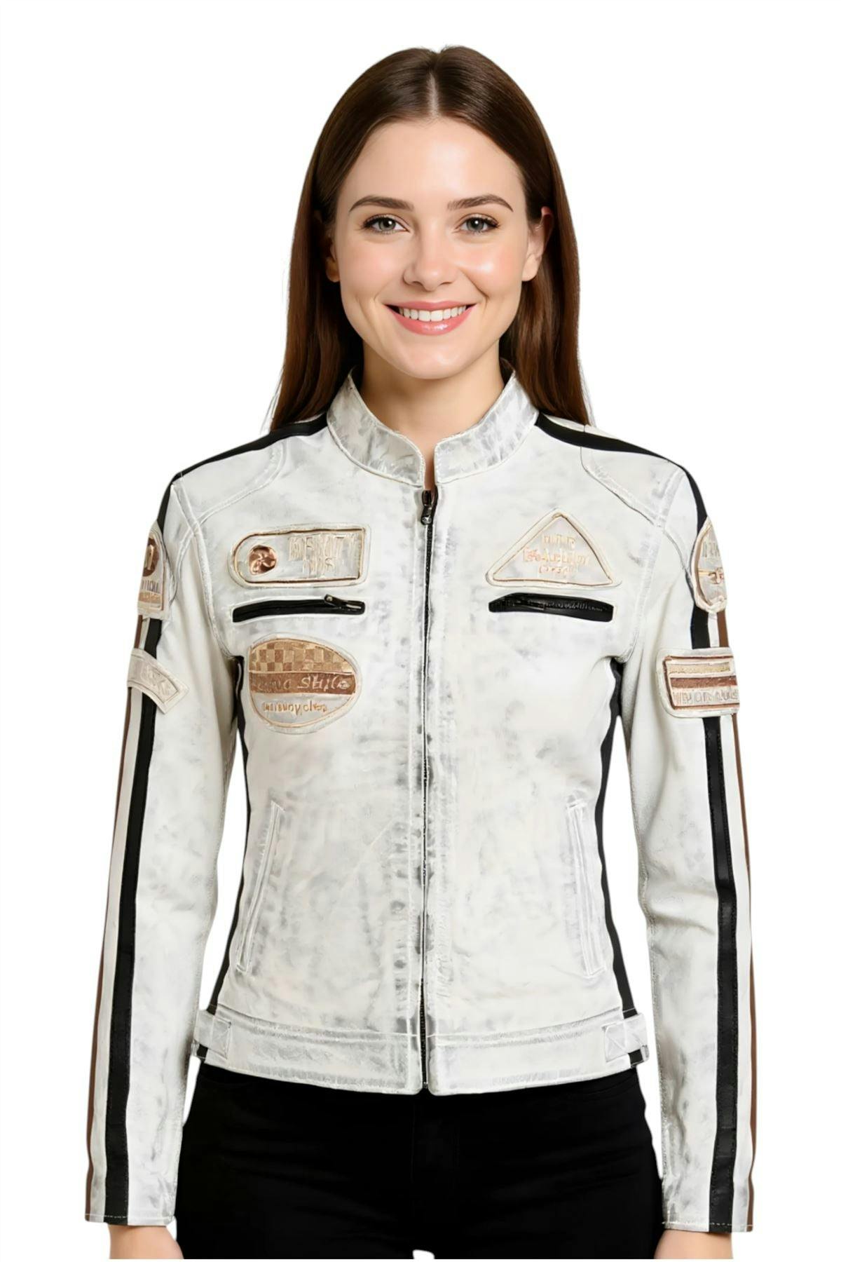 Infinity Leather Women's White Leather Biker Racing Badges Jacket-Agadir - Uk 4XL/22 | Eu 48 | Us 18