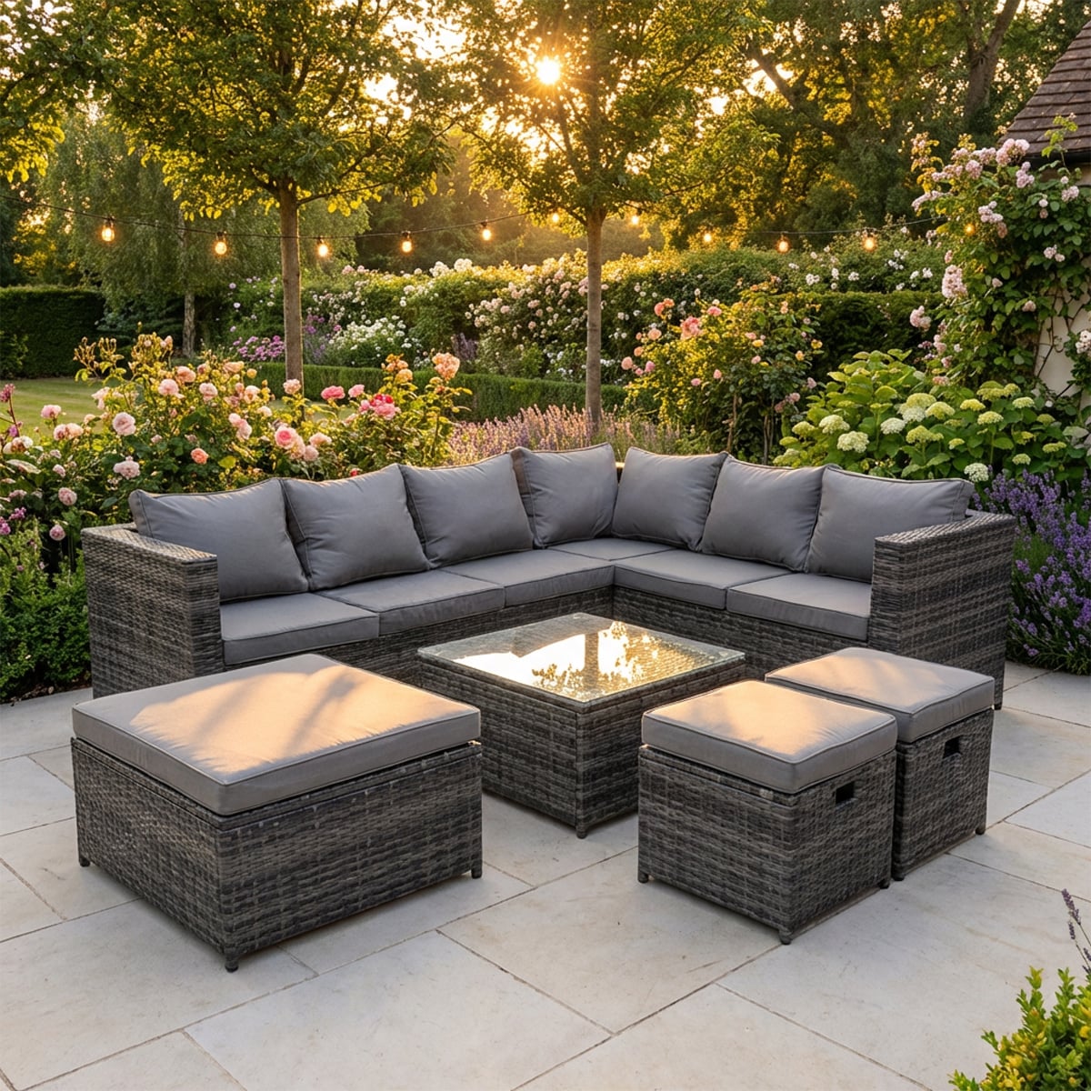 Rackhams Dark/Grey Outdoor Pe Rattan Garden Furniture Sofa Set With Square Coffee Table 3 Stools