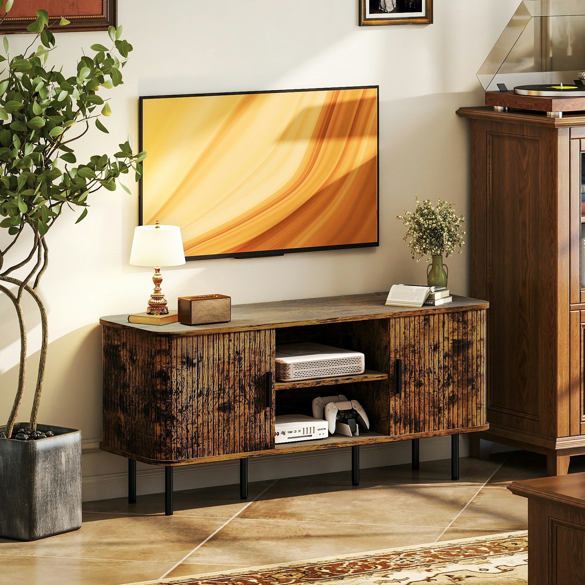 Homcom Grey/Brown Tv Unit For Living Room, Tv Stand, - Rustic