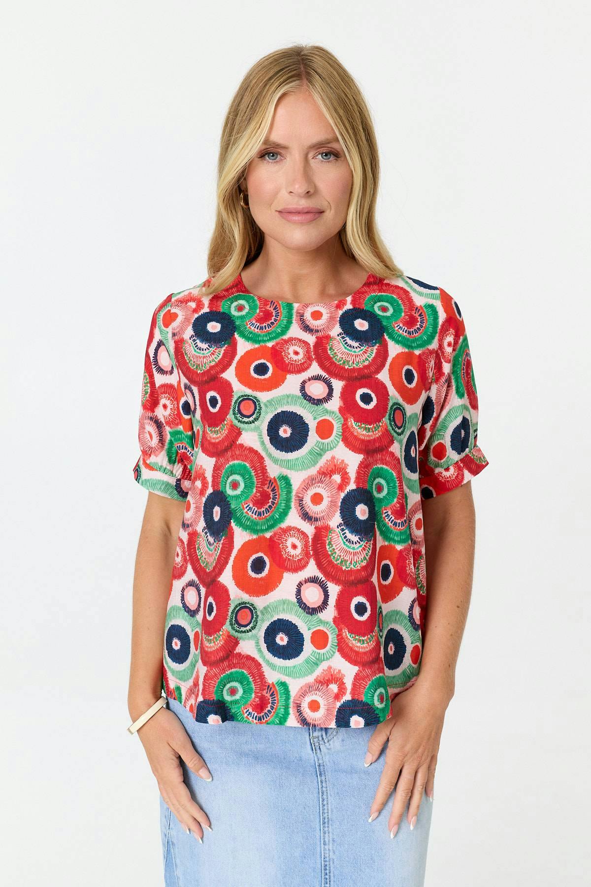 Izabel London White Abstract Short Sleeve Relaxed Blouse Top - 10
