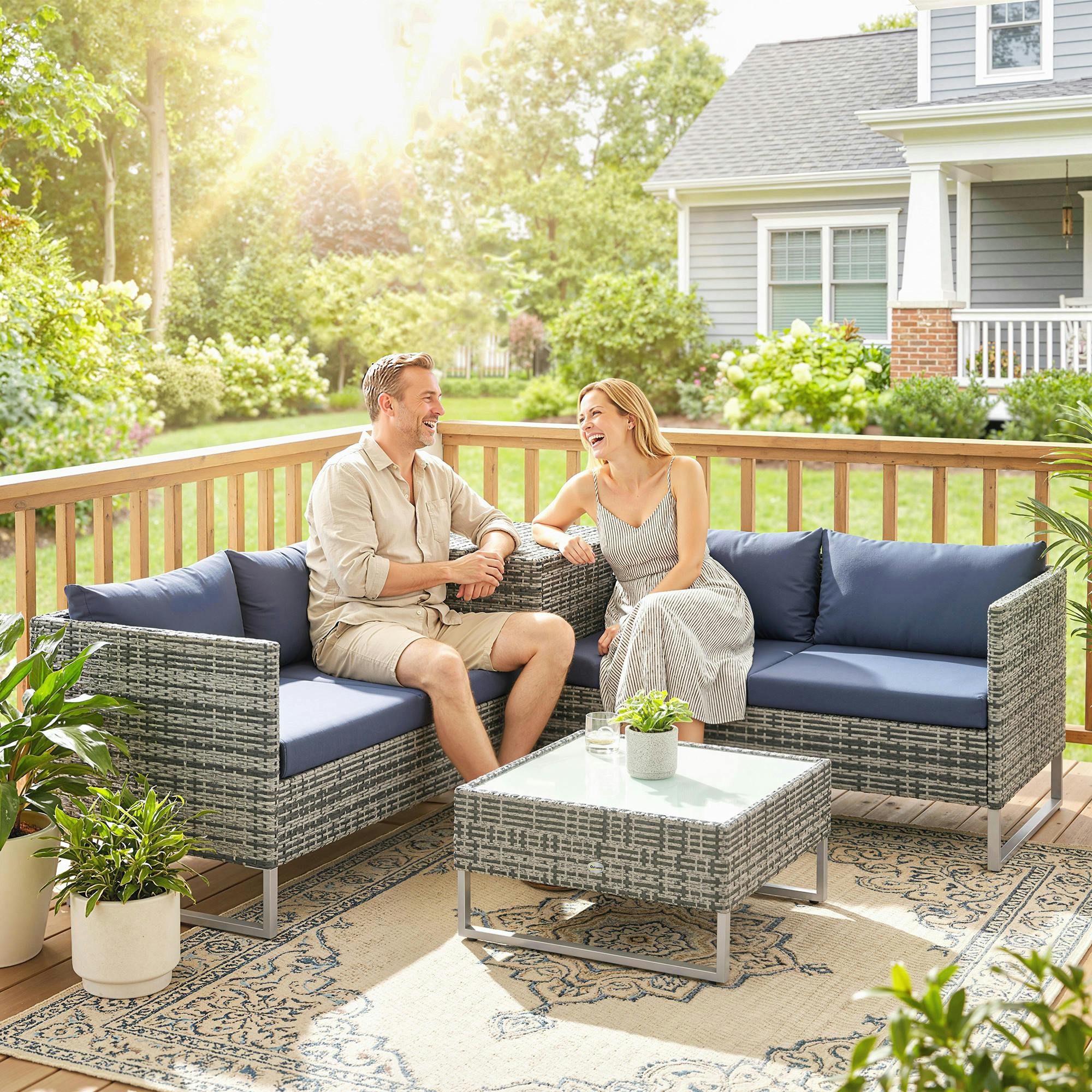 Rackhams Dark/Blue Rattan Garden Furniture Set With Storage Table, Cushions, - Rattan Garden Furniture Set - 4-Piece Set - Steel, Pe Rattan, Polyester