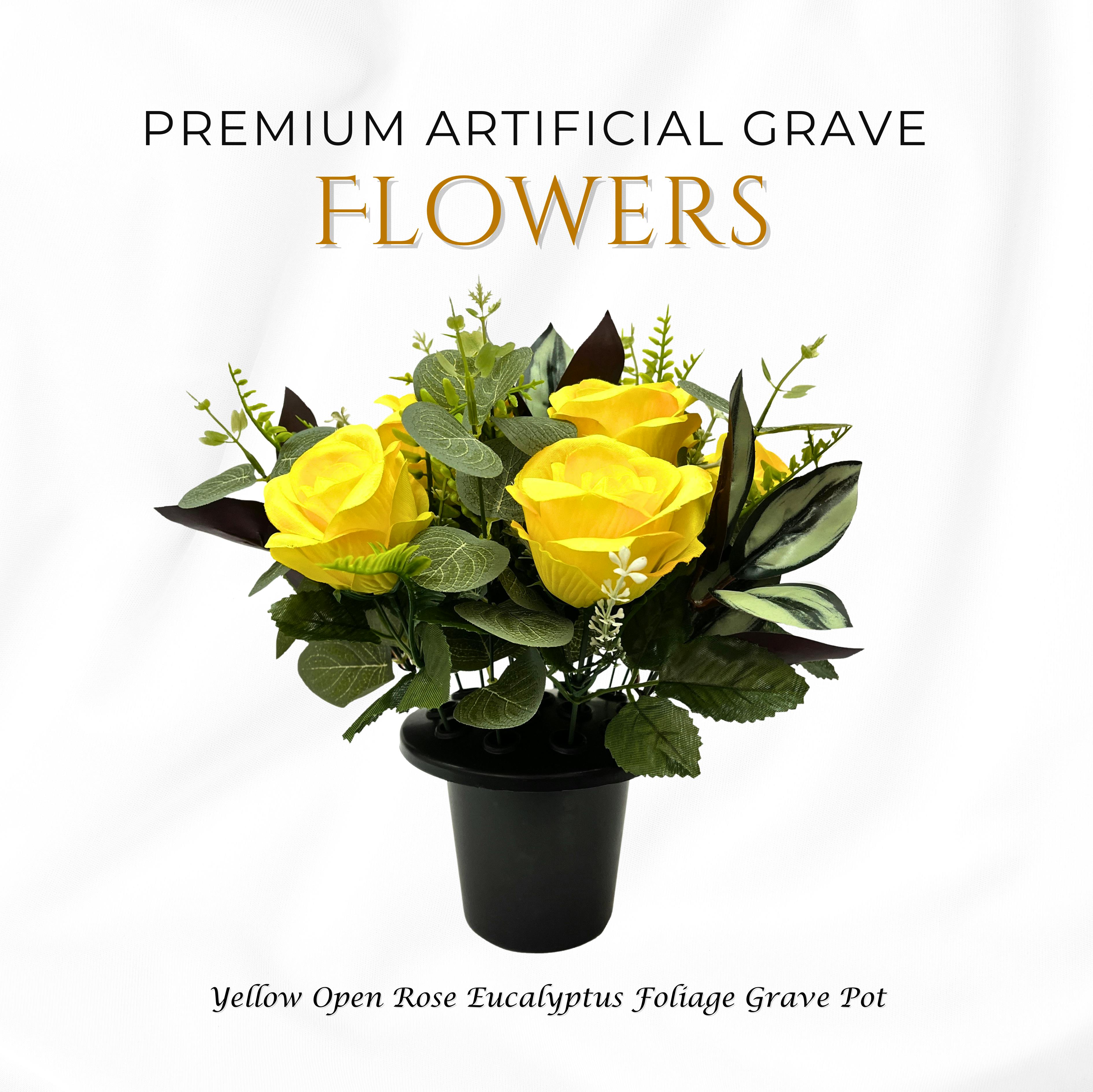 Memorials Direct Yellow Premium Artificial Grave Flowers – Open Roses With Eucalyptus (25Cm) | Memorial Vase Pot