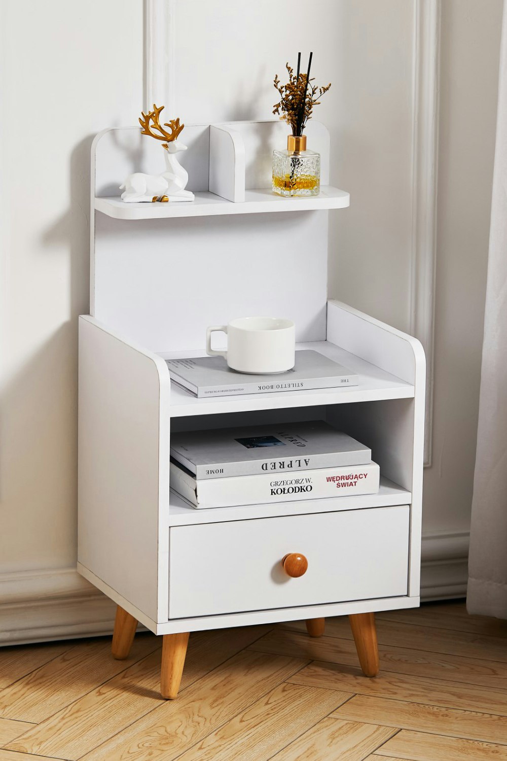 Living And Home White One Drawer Wooden Bedside Table With Wooden Legs