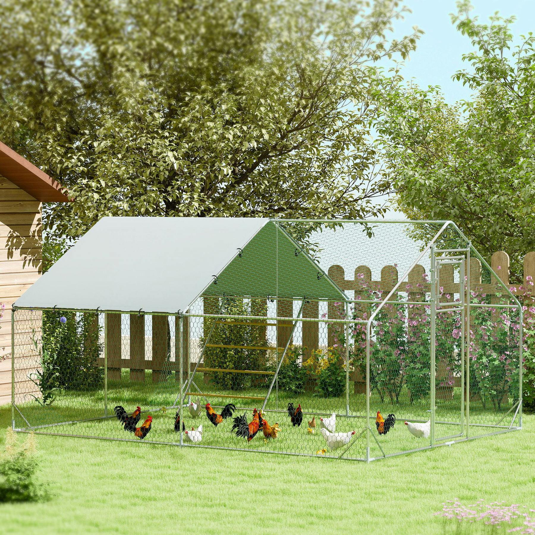 Pawhut Walk-In Chicken Run W/ Cove Hanging Feeder, Perch For 12-18 Poultry - Image 3