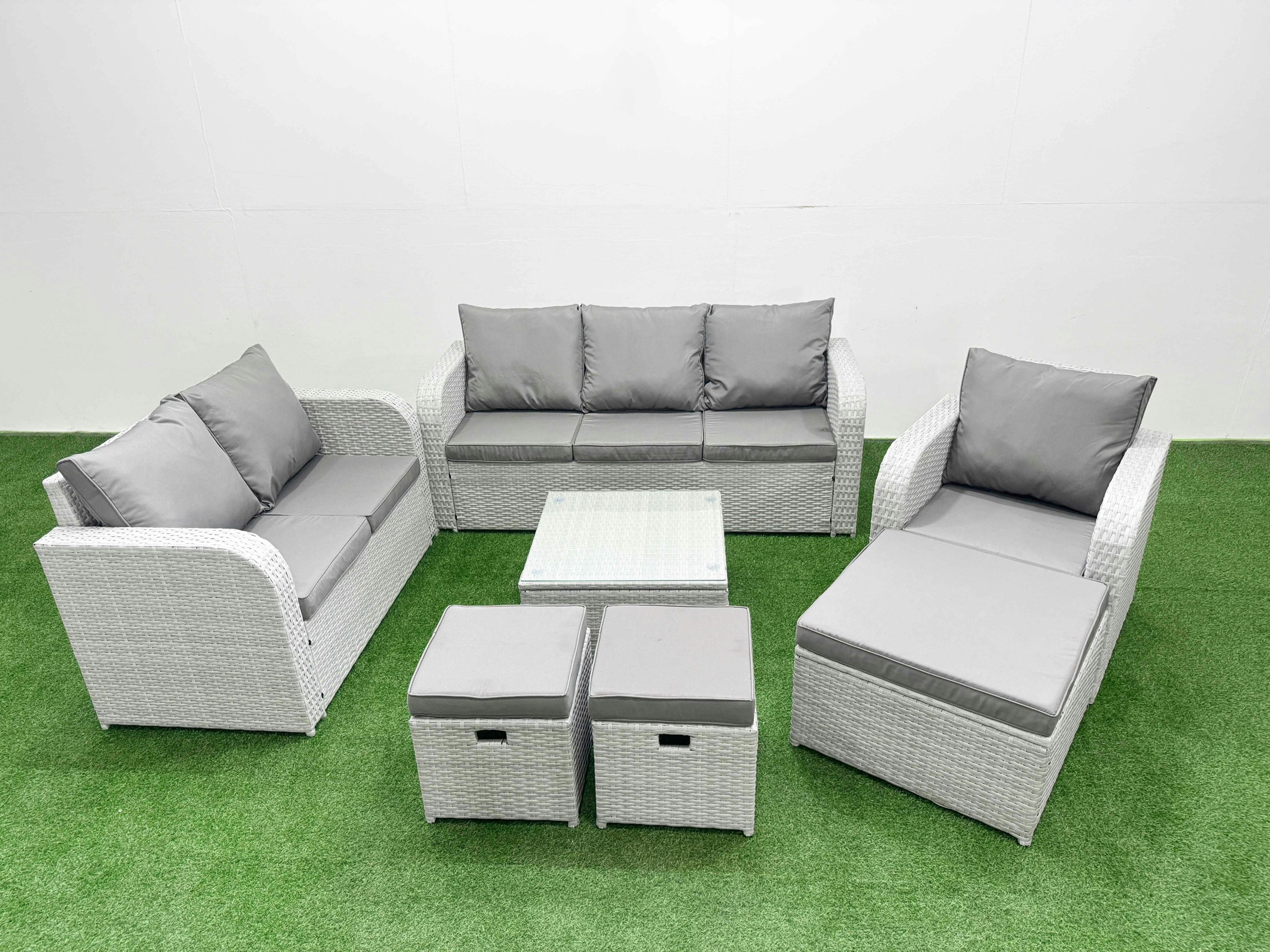 Fimous Light/Grey Patio 9 Seater Outdoor Rattan Furniture Sofa Set With Square Coffee Table Reclining Chair Loveseat Sofa 3 Seater Sofa Stool