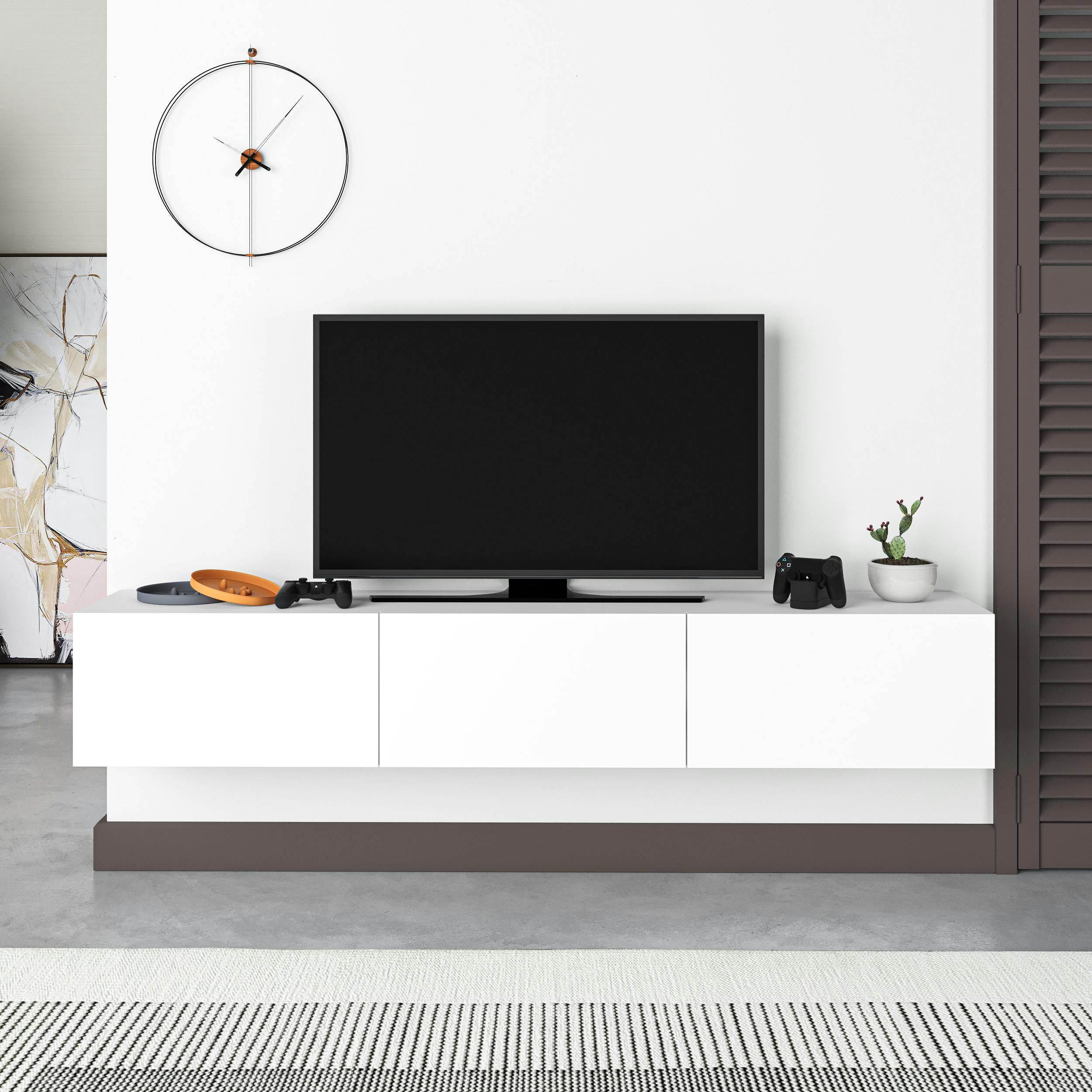 Rackhams White Francy Modern Wall Mounted Tv Unit 55" Multimedia Centre 180Cm
